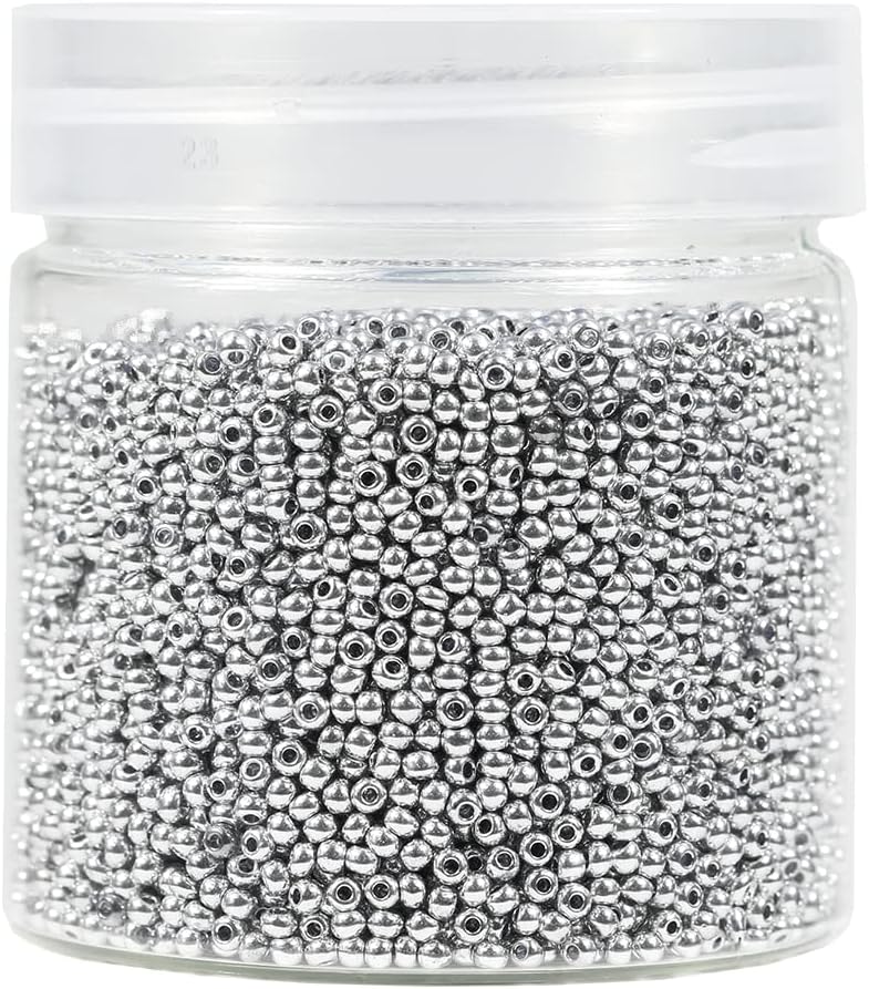 Bala&Fillic 2mm Round Size Almost Uniform Silver Color Seed Beads About 10000pcs /110 Grams in Box,12/0 Small Glass Seed Beads for Jewelry Making, Hole 0.6mm (Silver)