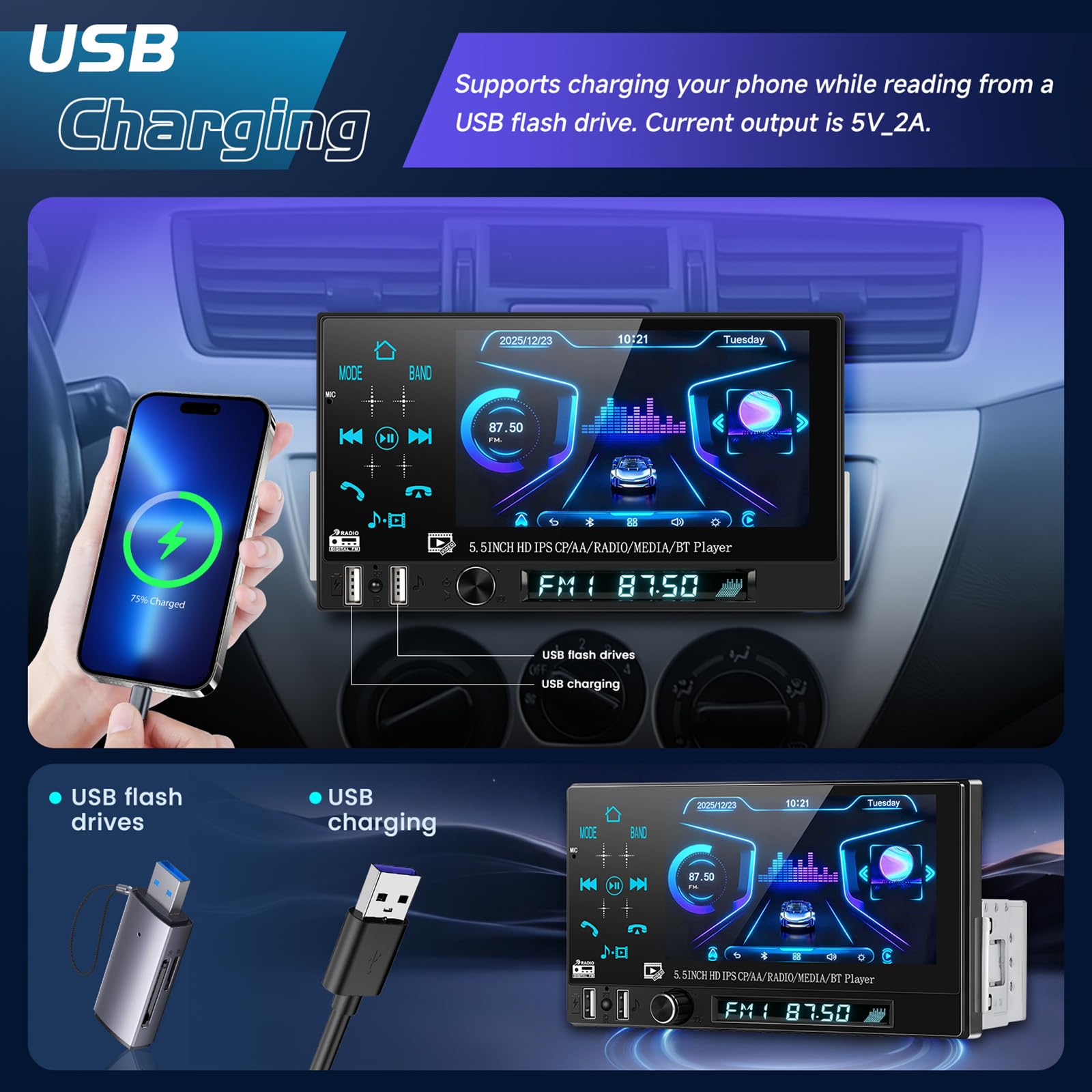 CAMECHO Autoradio 1 Din Wireless Carplay Android Auto Bluetooth Radio, 5.5 Zoll Touchscreen mit IPS HD Bildschirm 1280 * 720 mit Rückfahrkamera Mirror Link Lenkradsteuerung + 2 USB Anschlüsse