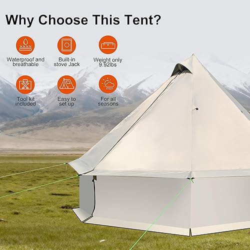 Miniatura 6 de Amplia tienda de campaña de yurta para 4 personas con gato de estufa, tienda de campaña Glamping para 4 estaciones, tela Oxford 210D impermeable,