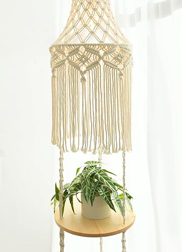 Miniatura 2 de ANROYE Estante de lámpara colgante de macramé de 3 niveles, estilo bohemio tejido esquinero, estantes para plantas con cable de enchufe, lámpara de