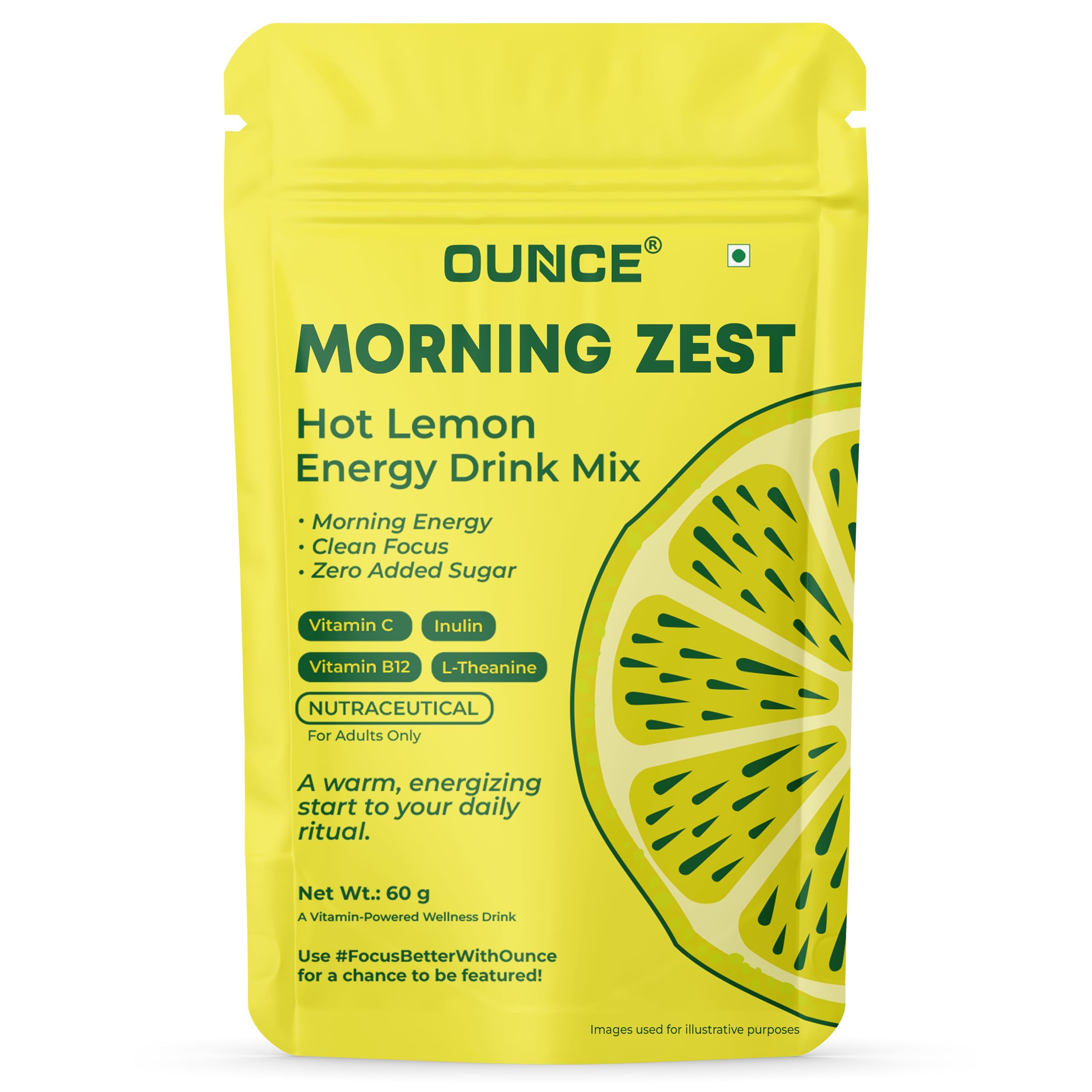 Ounce Hot Lemon Energy Drink Mix (30 Cups) | Sugar Free Energy Drink Powder with Caffeine, L-Theanine, Inulin, Vitamin C & B12 for Focus & Calm Energy | Lemon Tea Flavour Wellness Drink | 60g-image-38