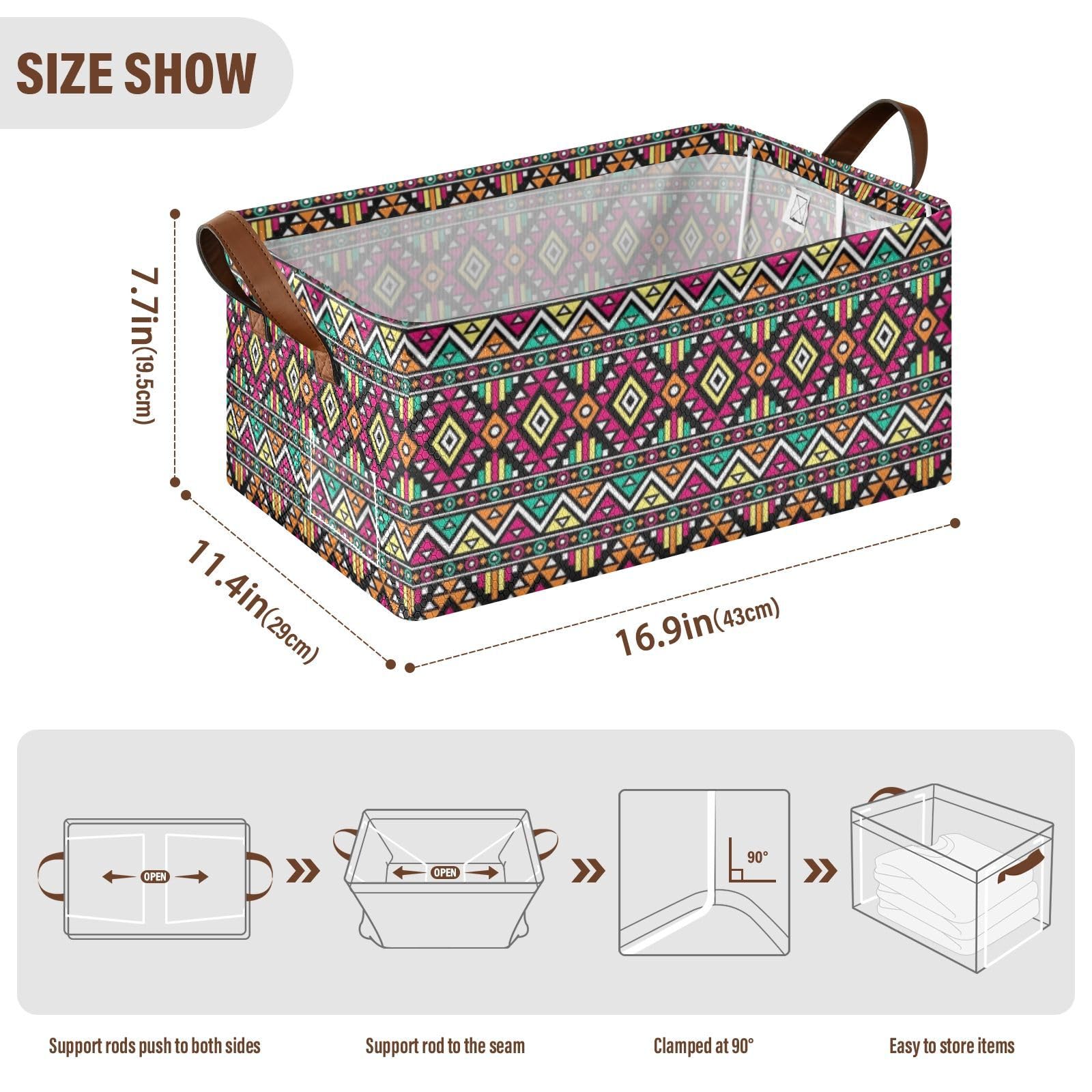 Fygkptb Bohemian Chic Bright Colorful Aztec Ethnic Ornament Seamless 1 PC Rectangle Foldable Frame Basket Leather Handles Storage Bin for Laundry Bathroom Organizer 16.9 x 11.4 x 7.7 inch