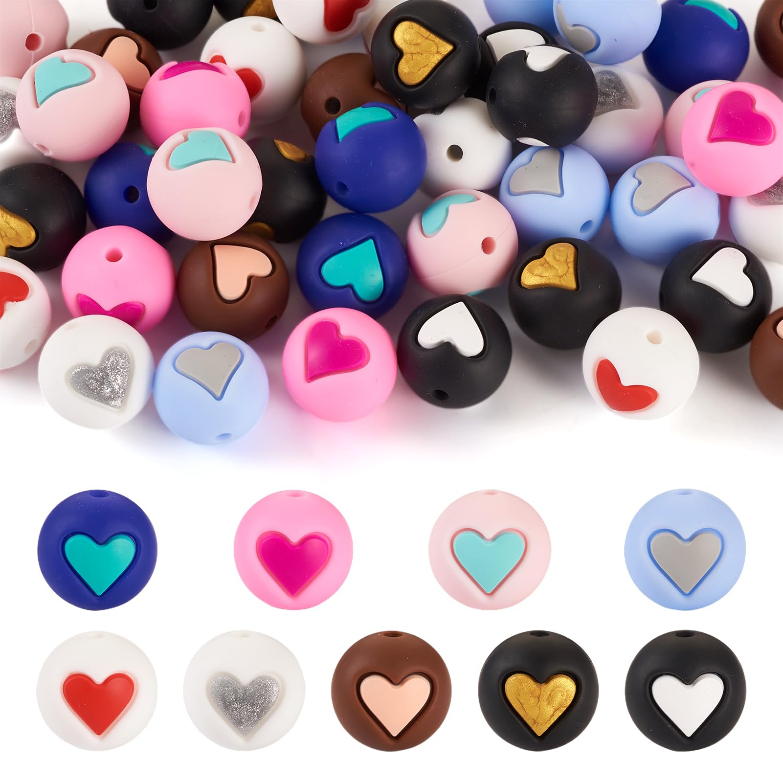 Crafans 45pcs 9 Colors Round with Heart Silicone Beads 15MM Heart Patterns Lovely Beads Loose Spacer Rubber Beads for DIY Bracelet Krychains Jewelry Making