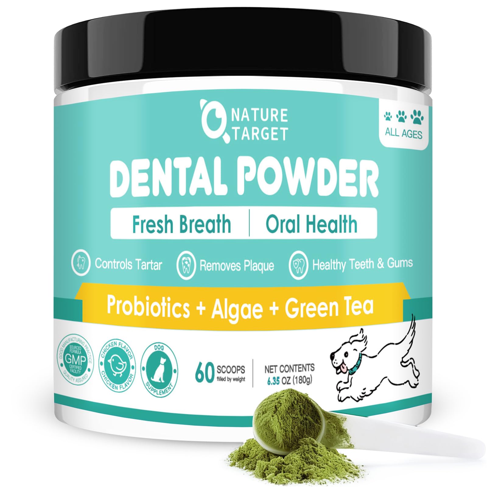 NATURE TARGET Polvo dental para perros, ayuda a dientes y encías saludables, 180 g