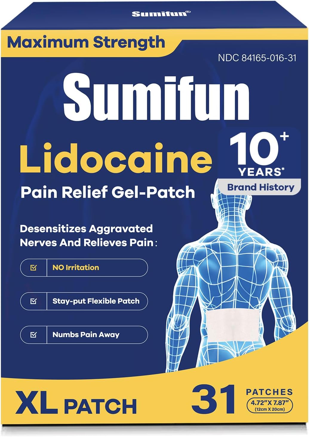 Sumifun XL Lidocaine Patches for Pain Relief, 4% Lidocaine Maximum Strength OTC, Extra Large 4.72"x7.87" for Full Back Pain Patches & Large Areas, 31 Count