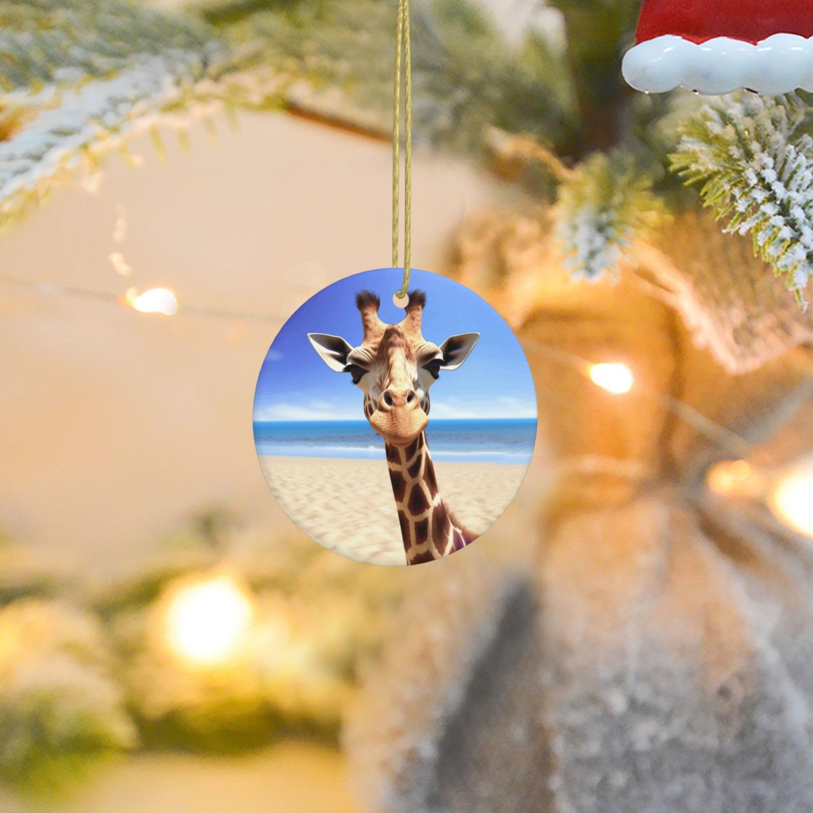Christmas Ornaments for Christmas Tree Decoration Ceramic Hanging Beach Giraffe Ornament with Gold Ribbon Crafts Round Pendant for Keepsake Gifts Glass Xmas Decor Party Supplies