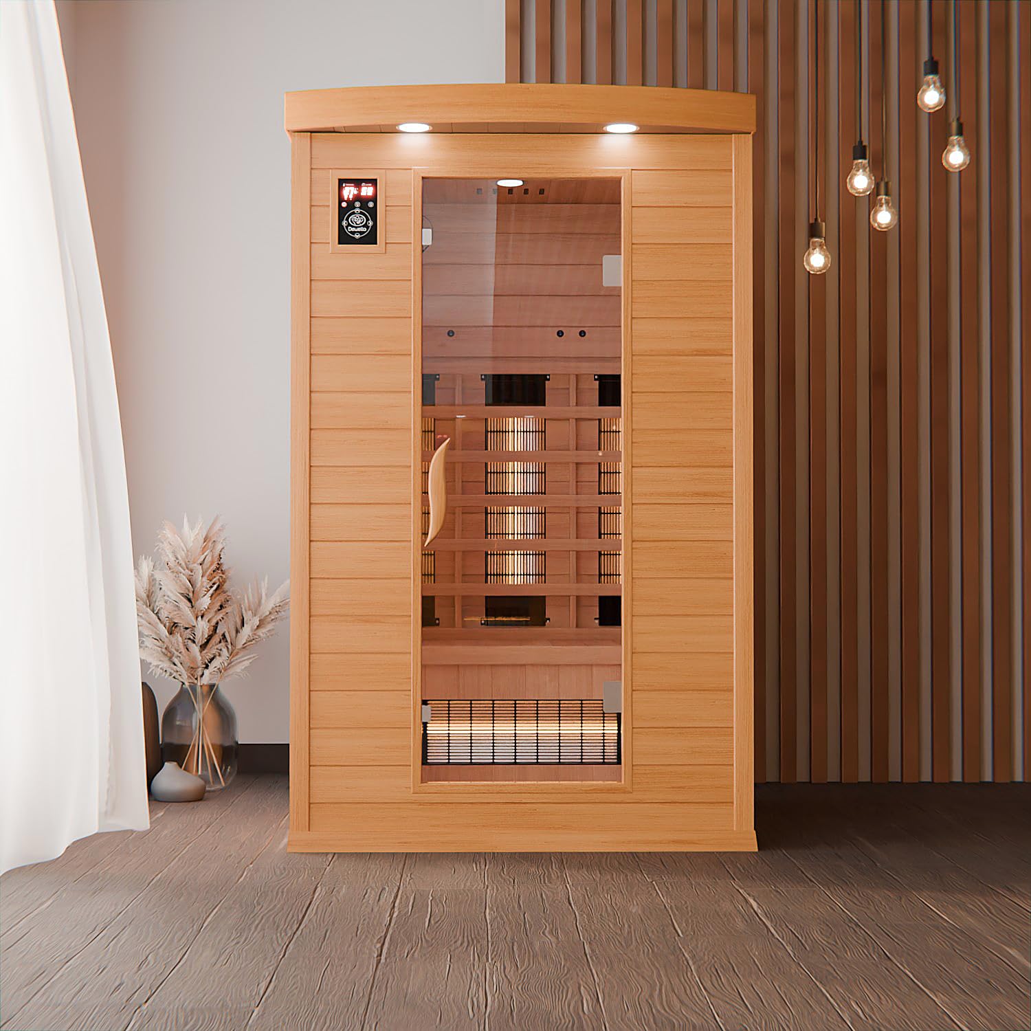 Dewello® Infrarotkabine Infrarotsauna Hyder 115x105 für 1-2 Personen aus Hemlock Holz mit Vollspektrumstrahler, LED-Farblicht, Bluetooth, FM,MP3,USB