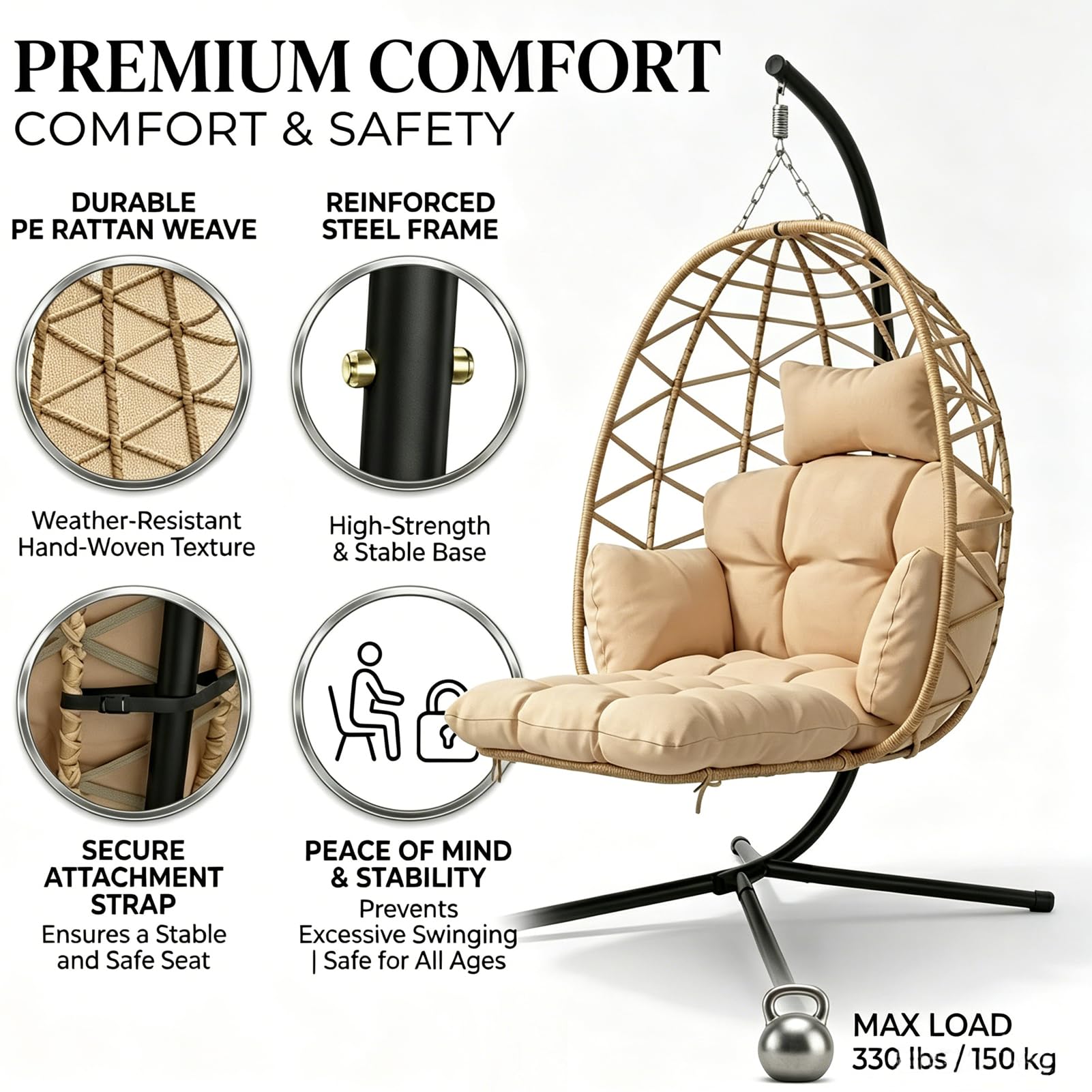 Silla Colgante Exterior, Sillón Colgante, Sillón Huevo con Reposapiés Desmontable, Funda Lavable y Cesta Colgante, Capacidad 150Kg, Interior, y Exterior, Jardín o Terraza
