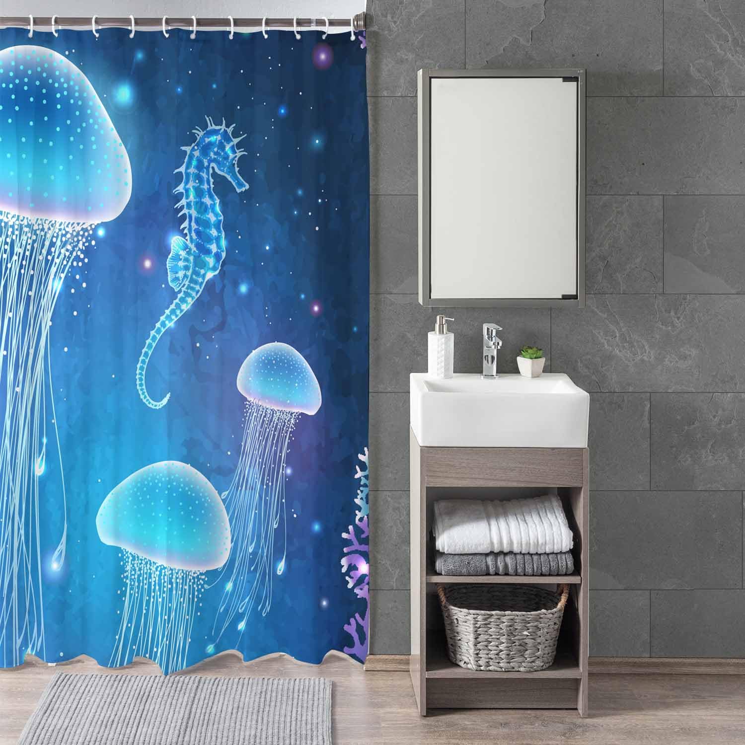 Woutay Shower Curtain Water Repellant Fabric Luminous Jellyfish and Seahorses,Mould Proof Resistant,Polyester,Size 180x180CM - Image 3