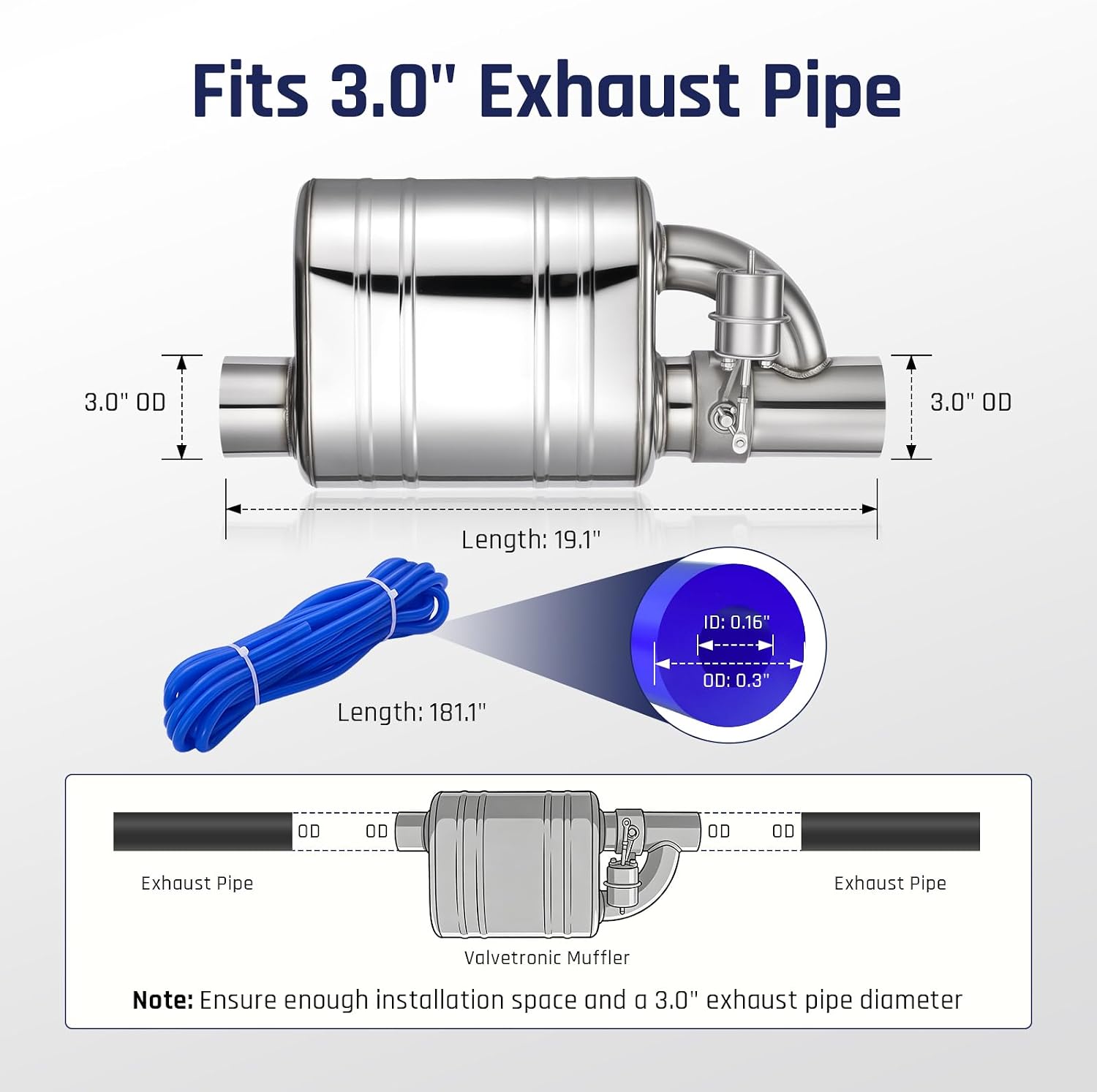 SPELAB Exhaust Cutout 3.0 Inch Valved Muffler Vacuum Exhaust Valve with Muffler Front Exhaust System Kit