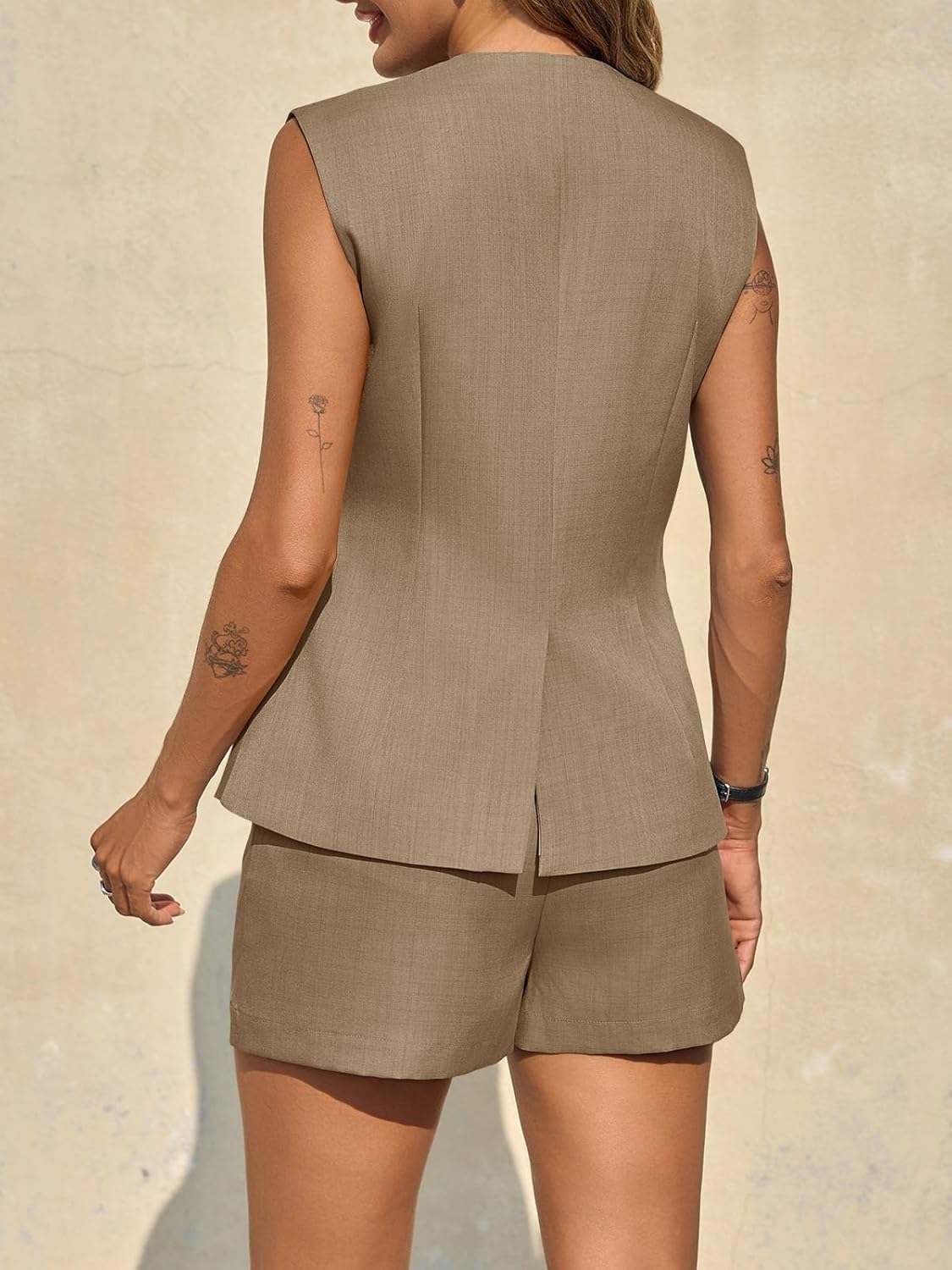 Tankaneo Womens 2 Piece Outfits Casual Suit Sets Sleeveless Button Down Blazer Vest Shorts Office Business Matching Set - Image 4