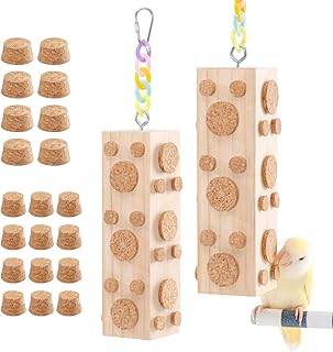 2 Pcs Wooden Bird Chew Toys - 7.9 Inch Hanging Parrot Toys, with 92 Detachable Corks, Relieve Boredom & Anxiety, Foraging Toys, for Parakeet, Cockatiel, Conure, Budgie, Lovebird