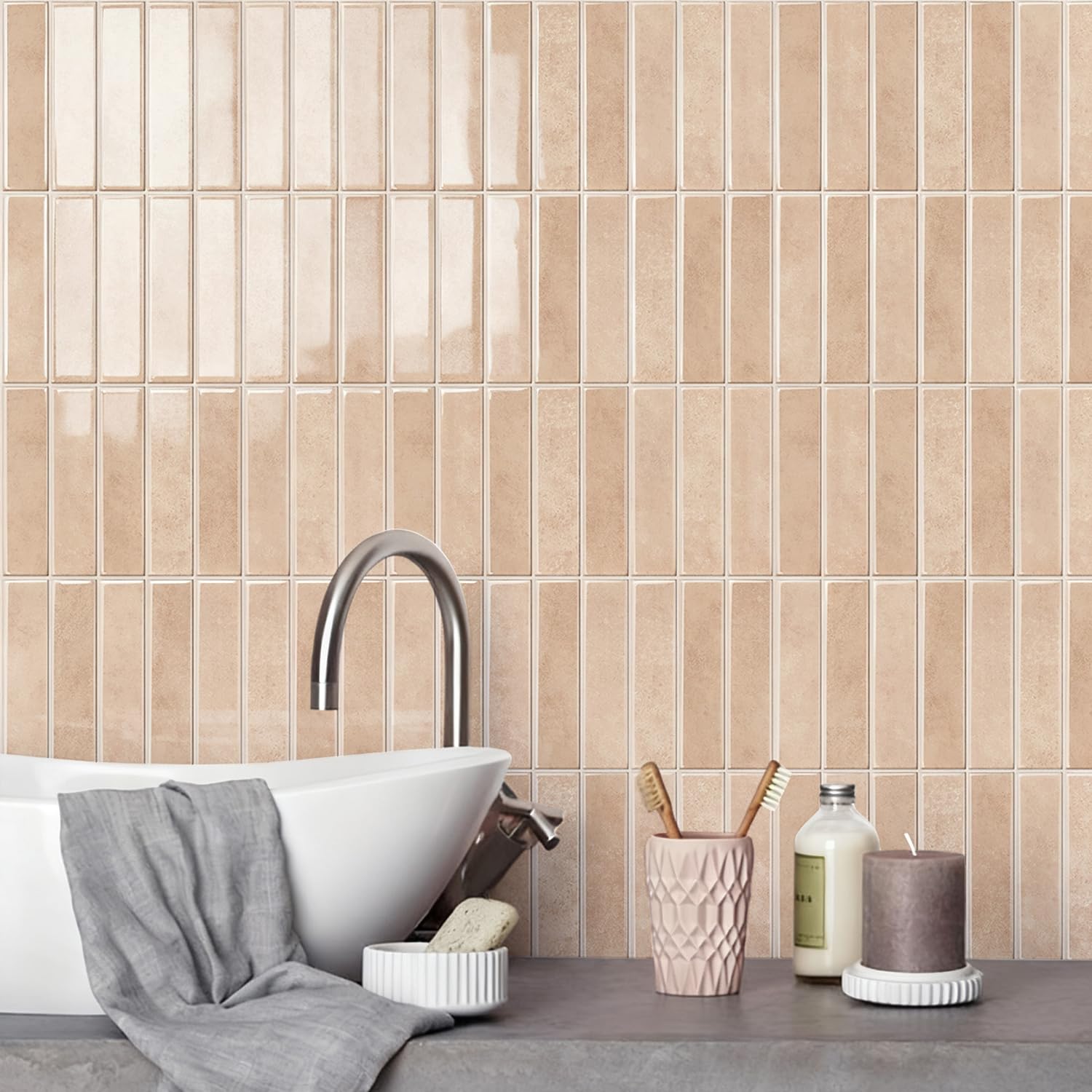 Alwayspon 10 Sheets 12inch/30.5cm 3D Self Adhesive Wall Tile Sticker Transfers, Peel and Stick Waterproof Splashback Stick on Tile Decals for Kitchen Bathroom Wall, Warm Beige Pink โ image 1