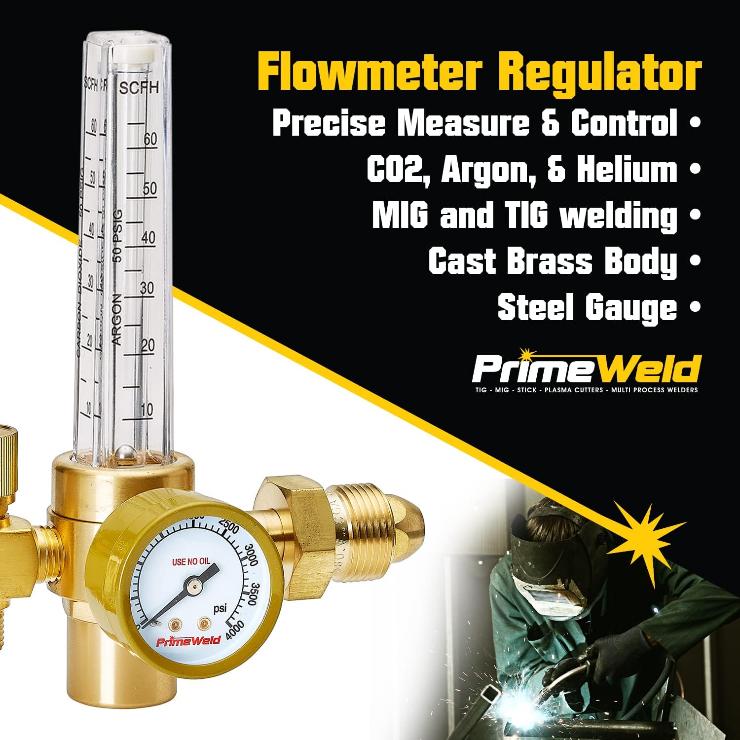 PrimeWeld Welding Flow Meter Regulator, CO2, Argon, Helium, Single Meter, Welder Gas Gauge