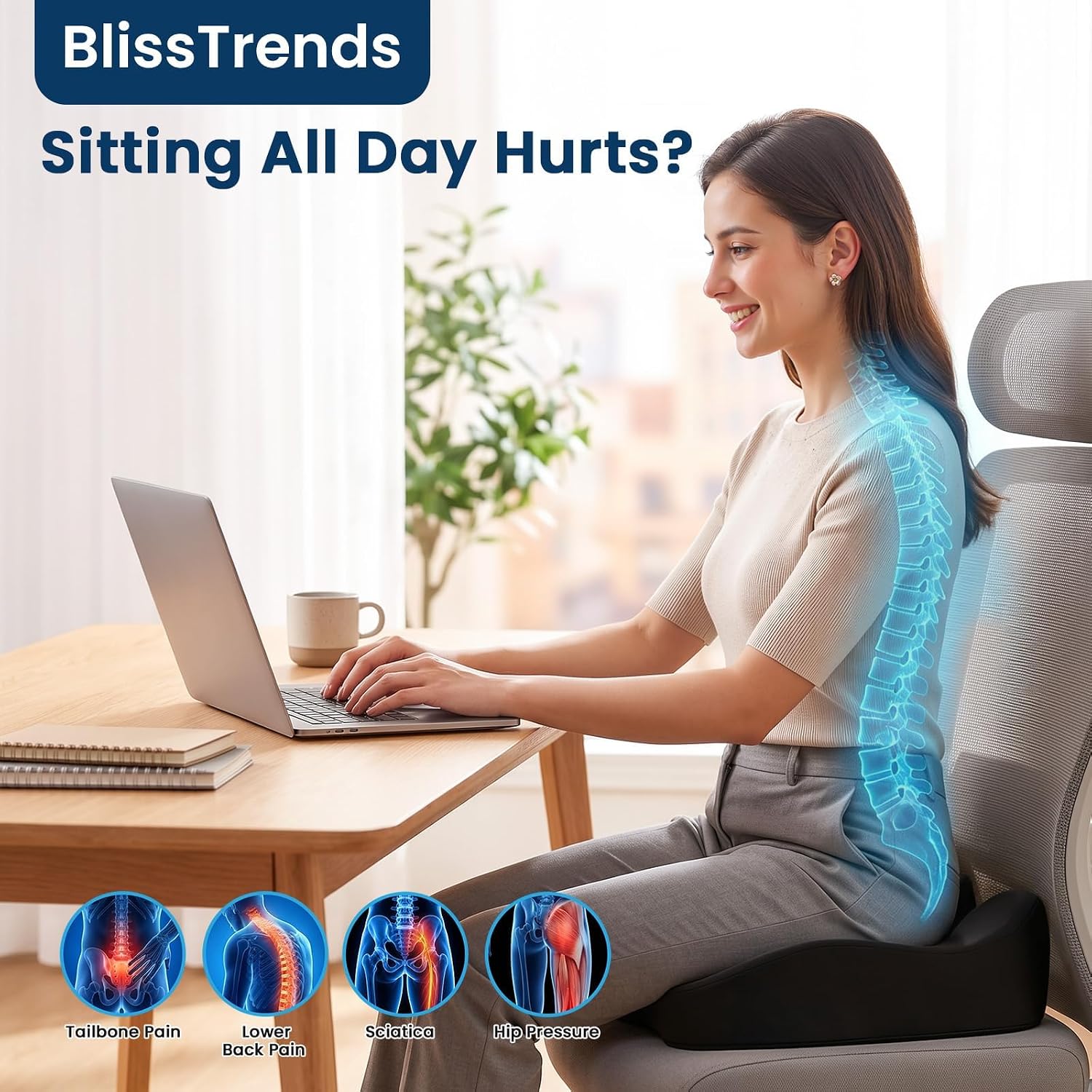 BlissTrends Memory Foam Seat Cushion for Office Chair & Car Seat, Black
