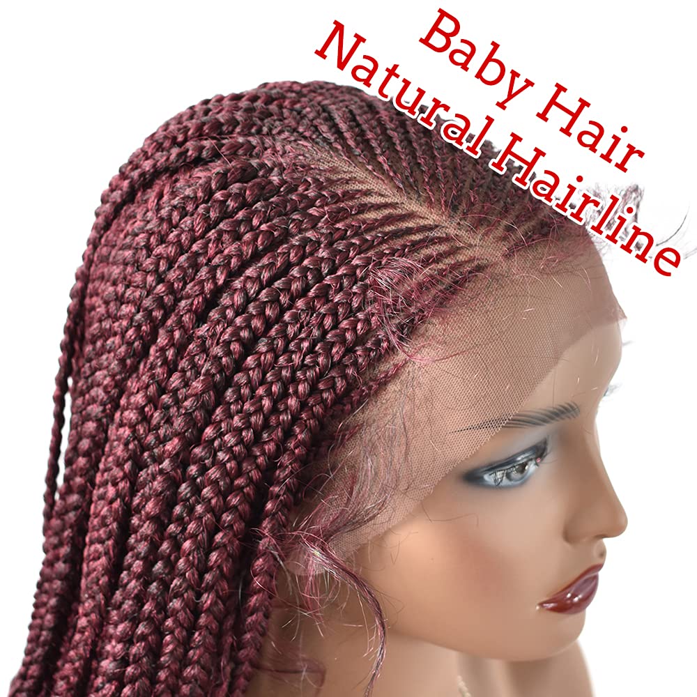 28" Long Curly Braided Lace Front Wigs for Black Women African Curls Ends Cornrow Dutch Micro Box Braiding Wig With Baby Hair Natural Looking Premium Quality Synthetic #T1B/BUG Black Mix Red Color