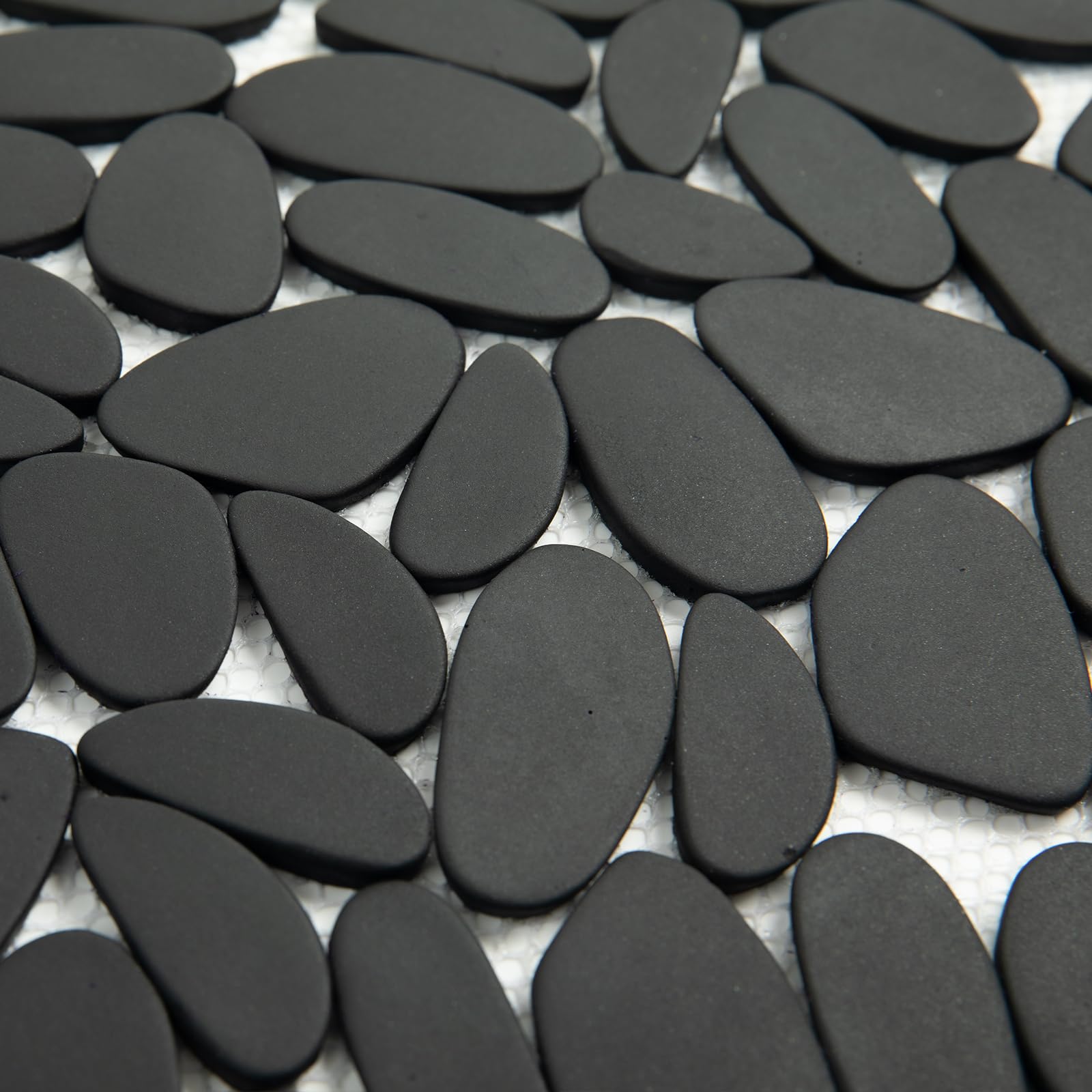 Photo 1 of Lovdeco Black Pebble Tile Shower Floor, Elongated Pebble Mosaic Backsplash for Wall, Stone Tiles for Bathroom and Outdoor Garden, 5 Sheets, Matte and Flat Surface