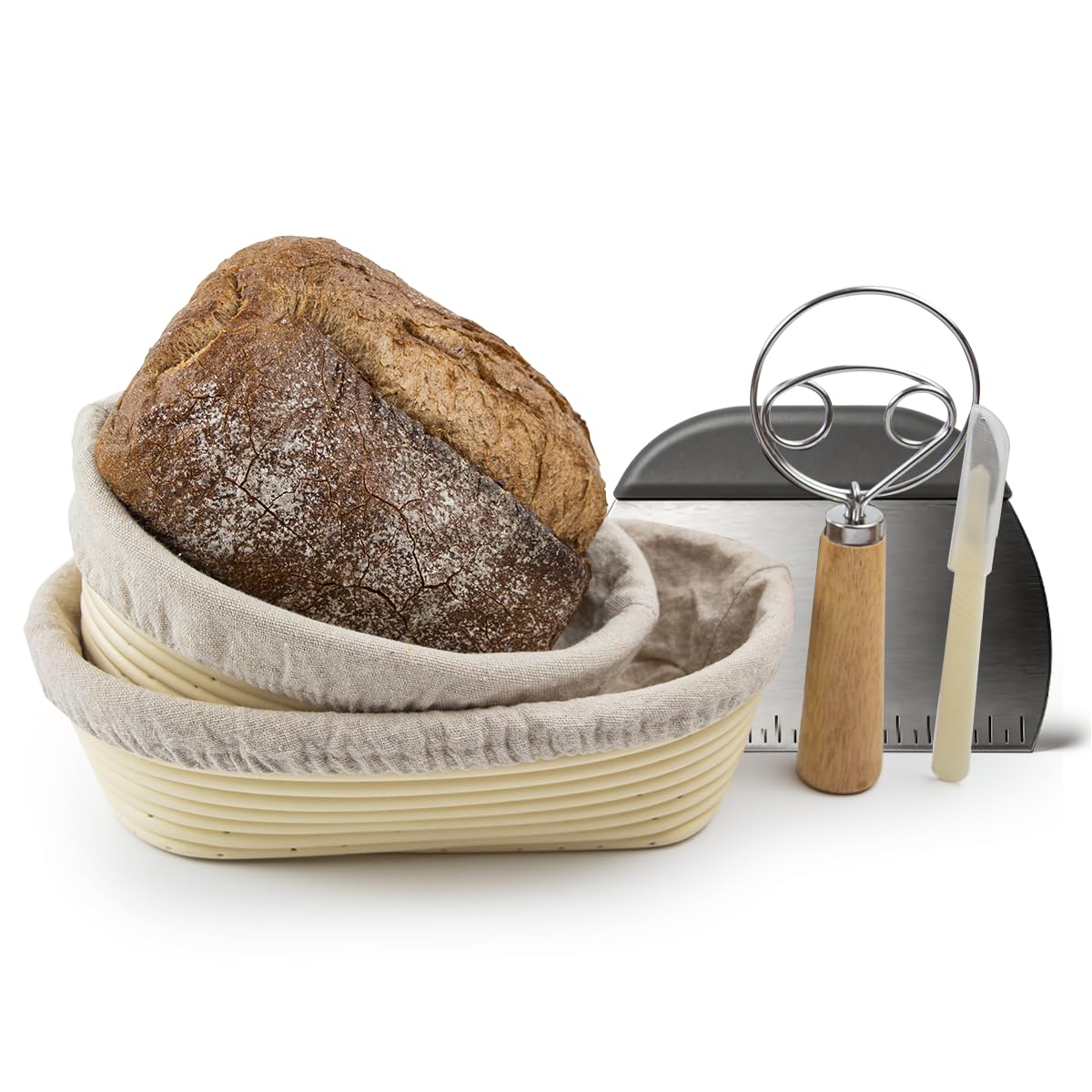 Gärkörbchen 2er Set aus PP | Schimmelfre,Lebensmittelecht, Waschbar | Brotbackset inkl. Brot Lame, Teigschaber & Leinentuch (Oval 21&27CM)