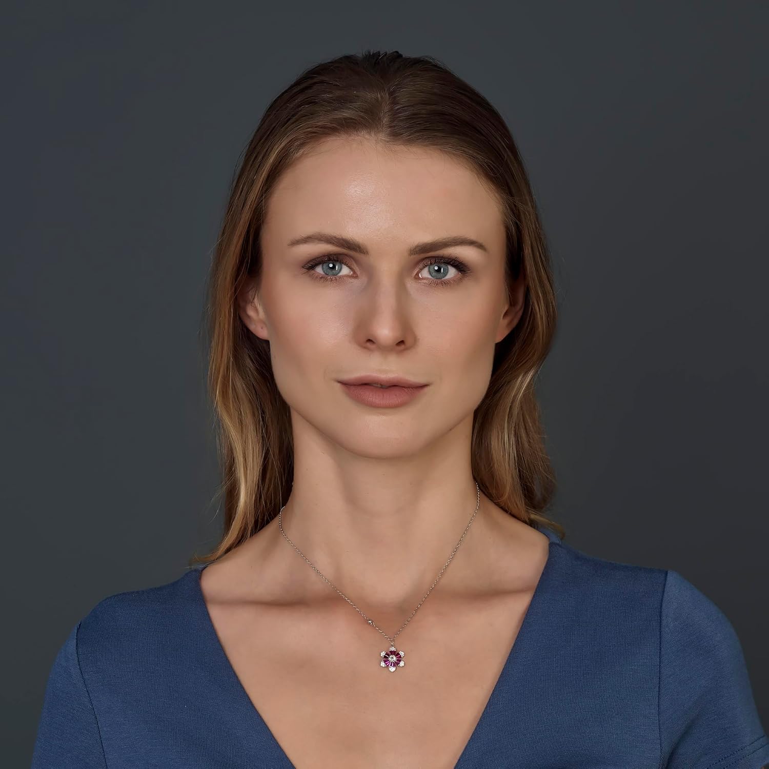 925 Sterling Silver Rhodium Plated Pink Crystal Flower Pendant Necklace, Cubic Zirconias, 16 Inch Chain - Image 3