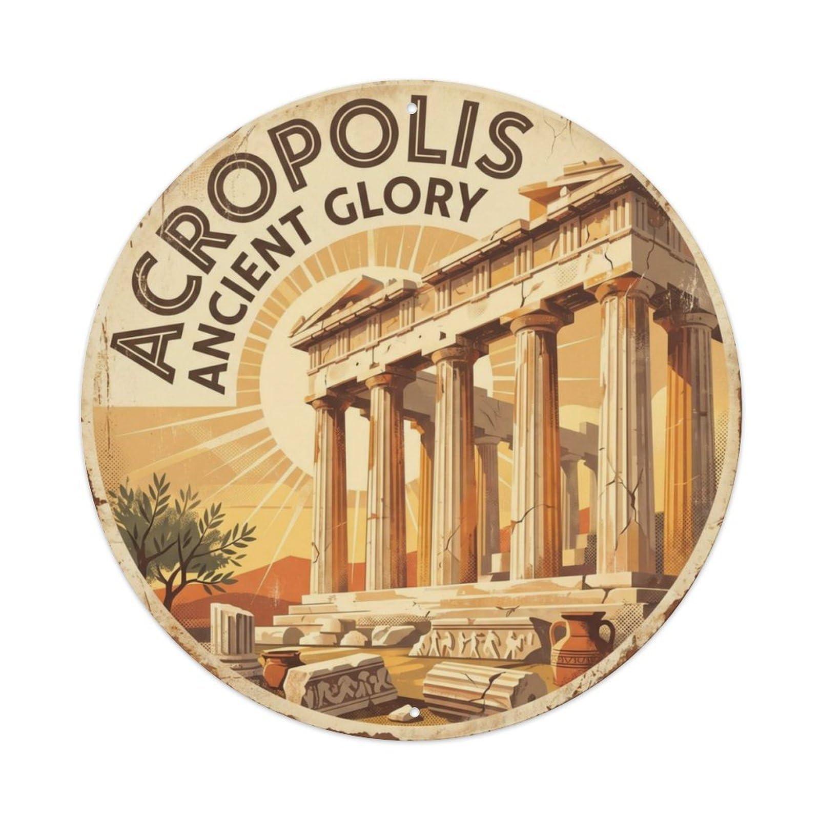 Vintage Travel Acropolis Parthenon Temple Metal Tin Sign Plaque Wall Decor for Cafe, Club Bar, Office, Home Garden Round Metal Poster 8x8Inch