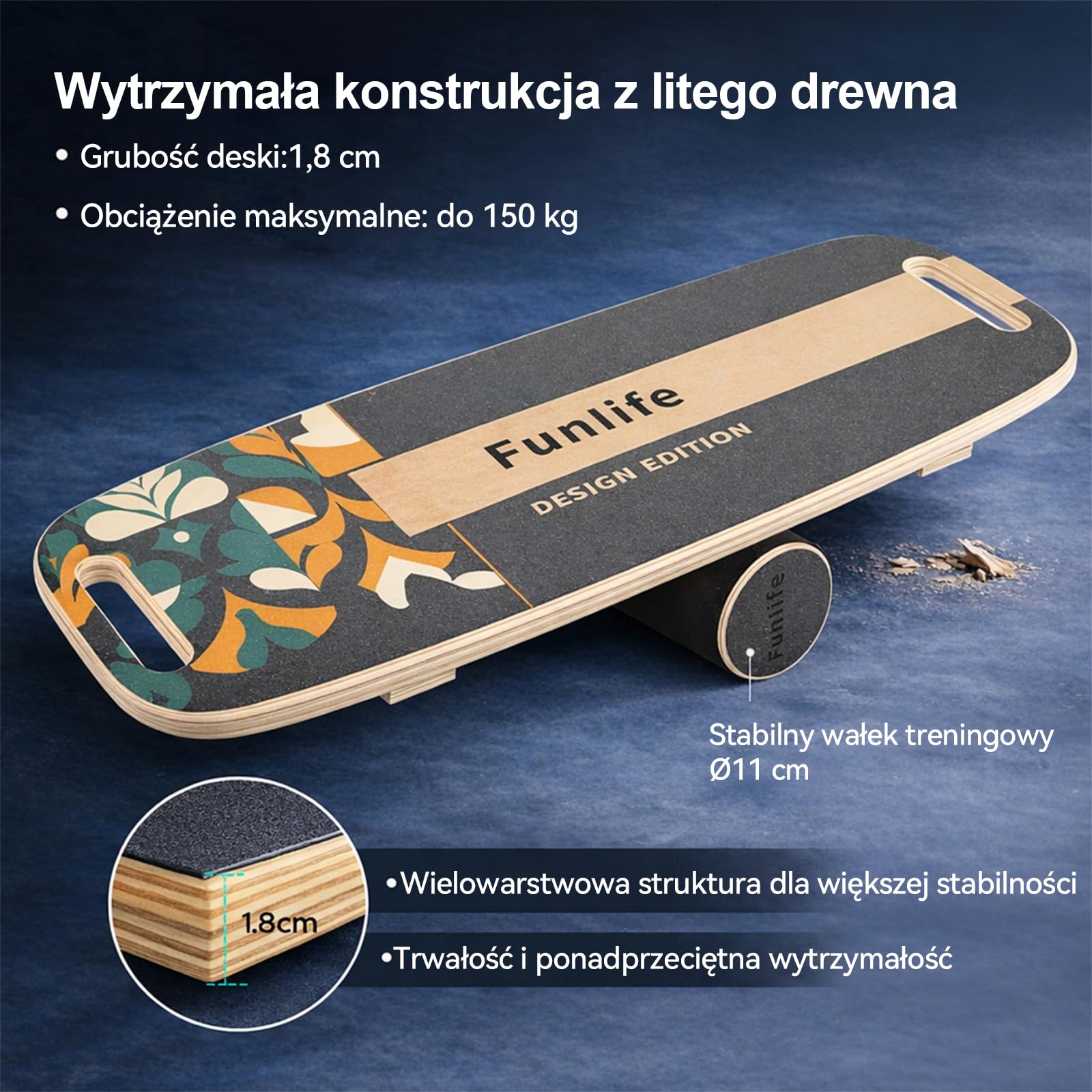 FunLife Deska do balansowania z drewna – stabilny trener równowagi do treningu podstawowego, fitnessu i równowagi, antypoślizgowa i trwała