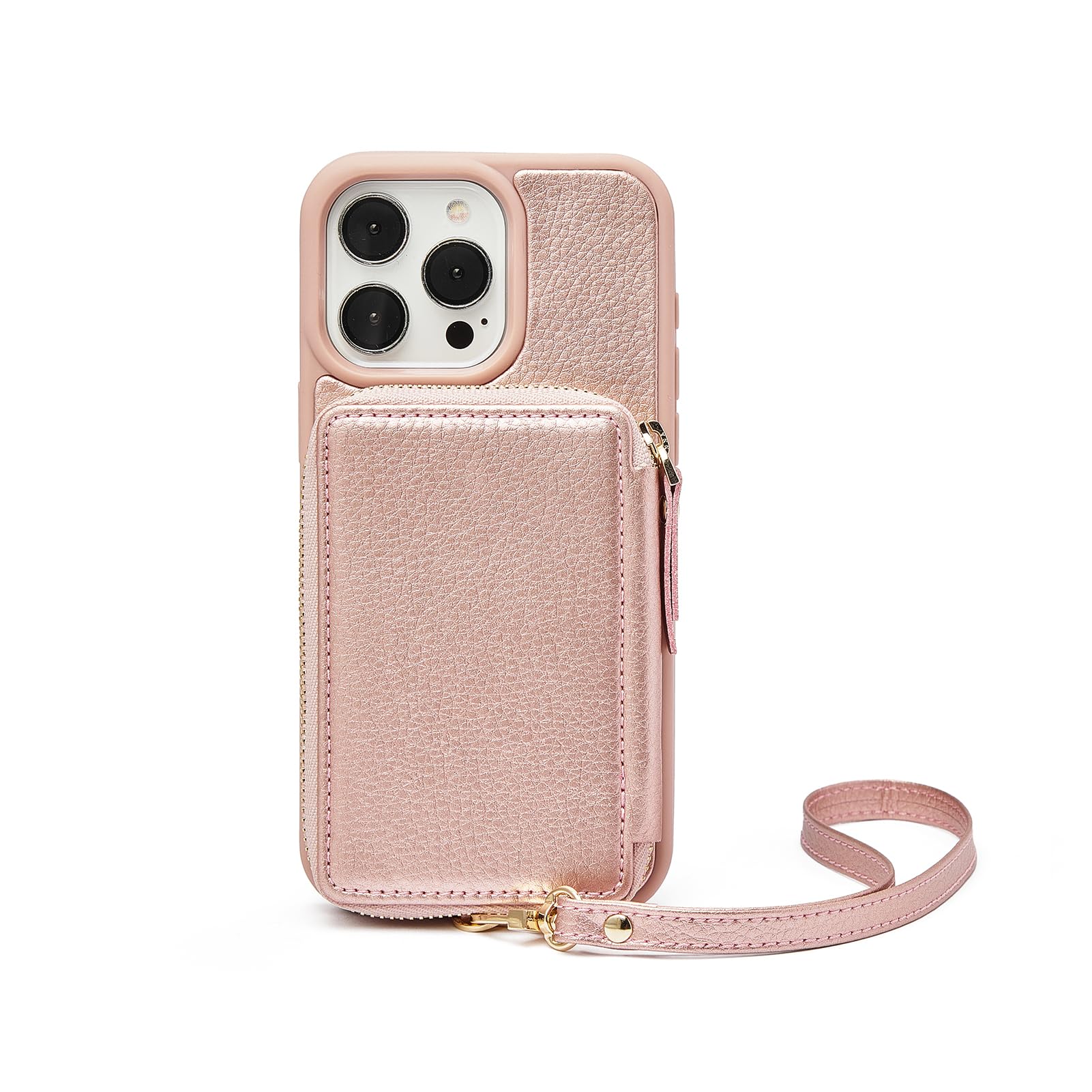 ZVE Wallet Case for iPhone 15, Phone Case with Card Holder Wrist Strap Compatible iPhone 15, RFID Blocking Zipper Leather Gift Cover for Women for iPhone 15, 6.1"(2023) - Rose Gold