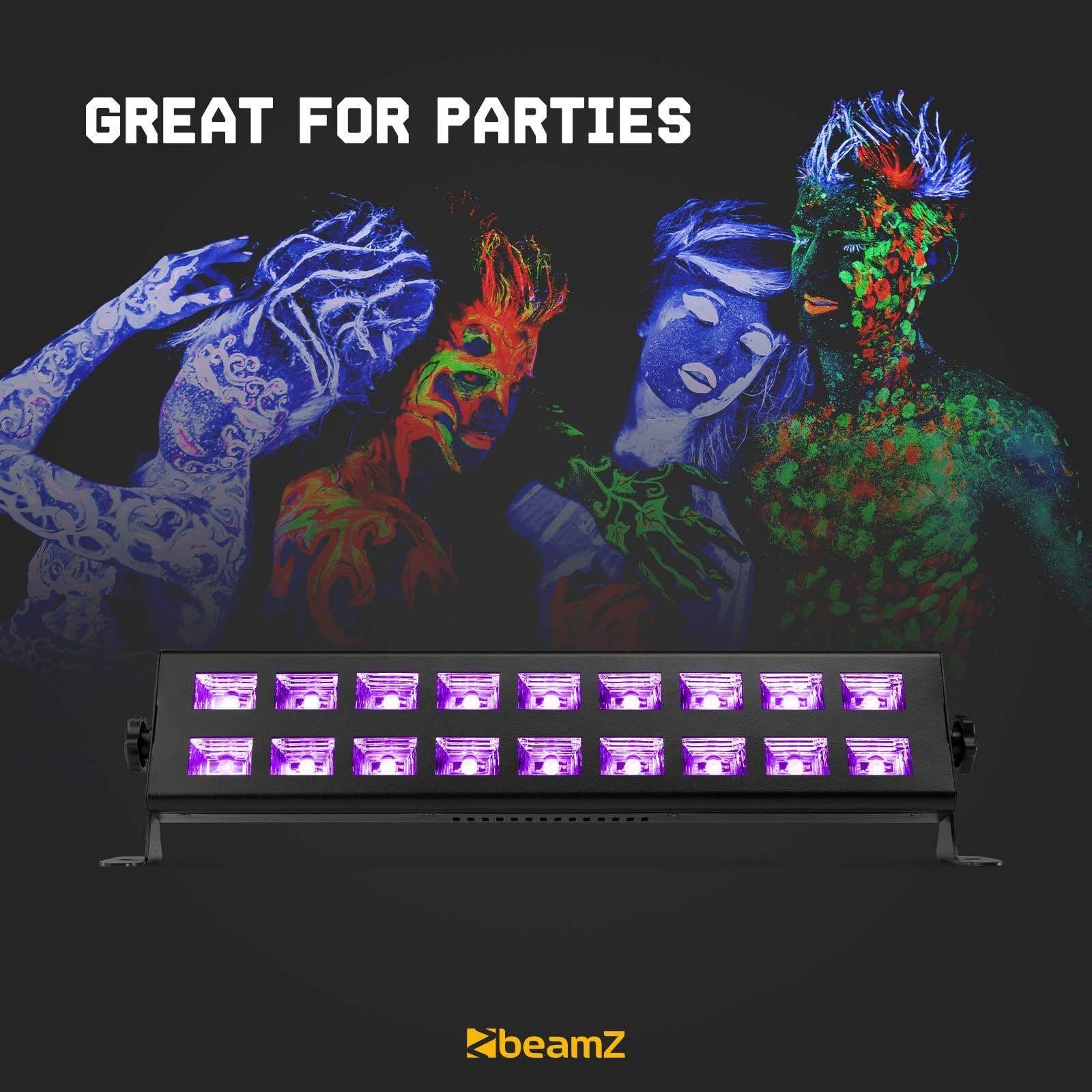 BeamZ BUV293 Barra de luz LED UV, 2x 9 LEDS, Lampara UV con Bombilla Luz Negra Ultravioleta, Luces Discoteca Profesional para Escenario, Dj, Actuaciones, Halloween Luces, Eventos