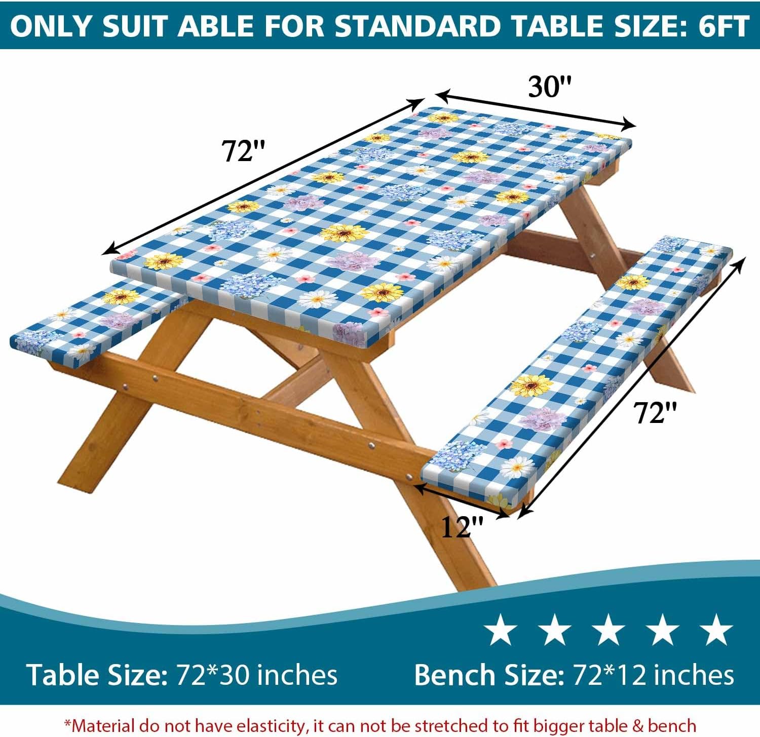 DYNH 3 Pcs Picnic Table Cover with Bench Covers, Waterproof Reusable Elastic Fitted Tablecloths for 6 Ft Rectangle Tables, Washable Floral Plaid Tablecloth for Camping,Outdoor Essentials,30X72IN