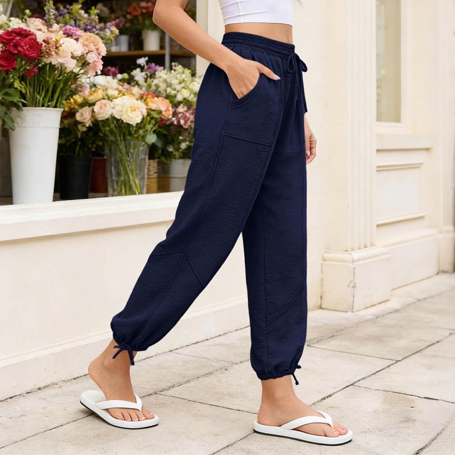 Womens Drawstring Jogger Pants Elastic Waist Casual Pants with Adjustable Cuffs Lightweight Trousers with Pockets