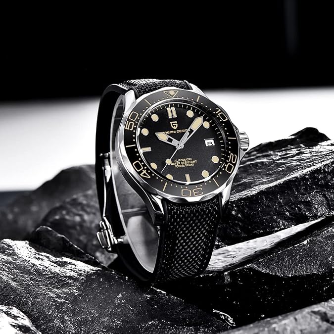 Pagani Design 007-Model Automatic Diving Watches for Men NH35 Movement, Stainless Steel Materials, Rotating Ceramic Bezel, Sapphire Domed Mirror, 100M Waterproof Mechancial Self Winding Wrist Watch