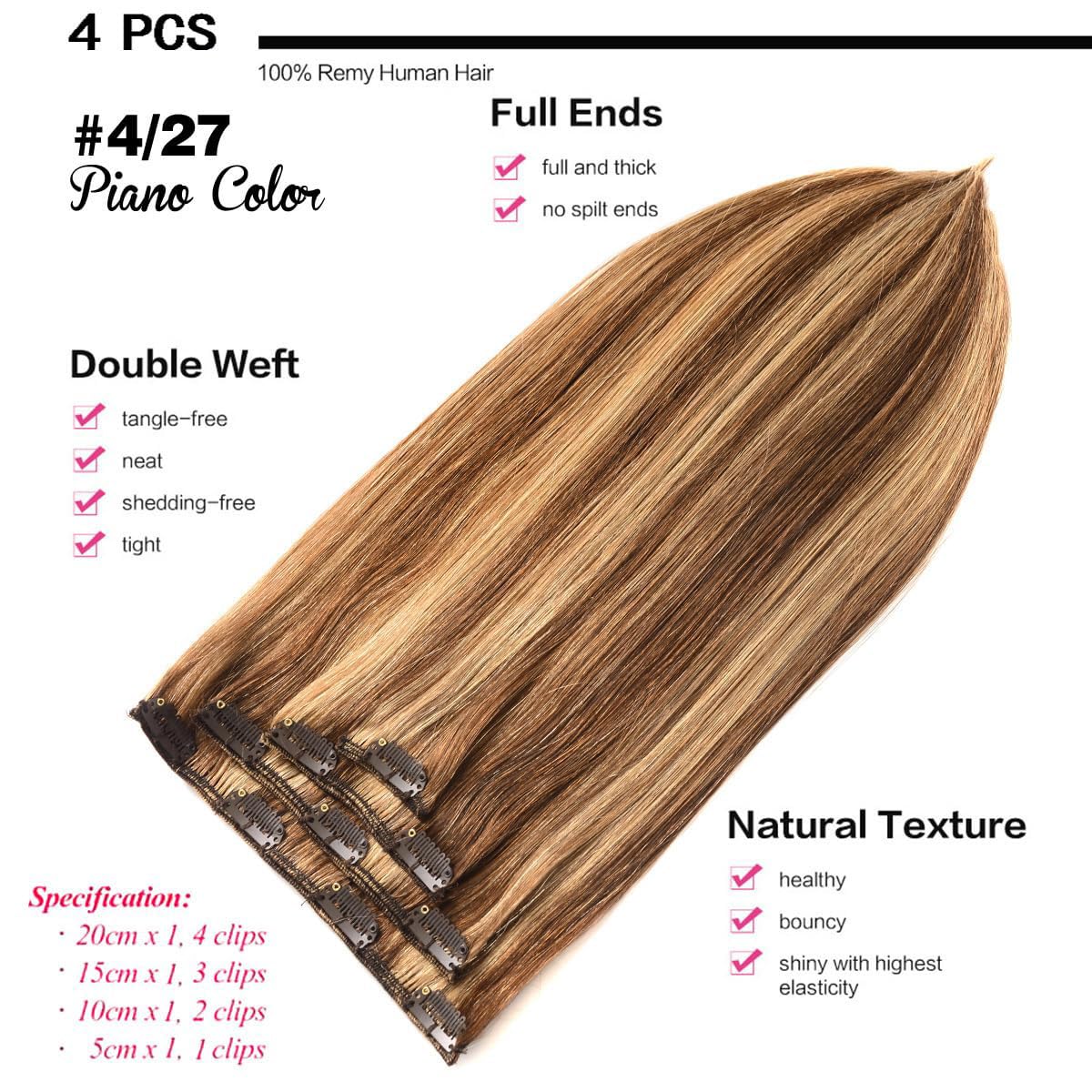 Clip in Hair Extensions Real Human Hair, Remy Human Hair Extensions Clip ins for Women, Natural Human Hair,18inch 70g 4Pcs, #4/27 Chocolate Brown/Light Blonde