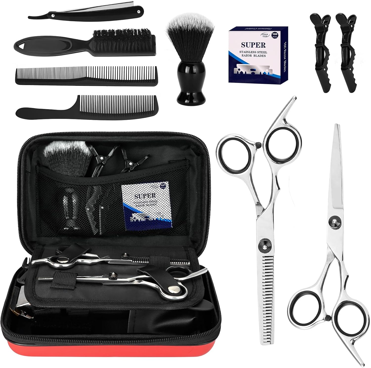 Professional Hair Cutting Scissors Shears Kits, 10 pcs Hair Cutting Kit Includes Barber Bag, Thinning Scissors, Combs, Razor Blades, Neck Duster, Clips for Salon & Home/Men/Women/Kids