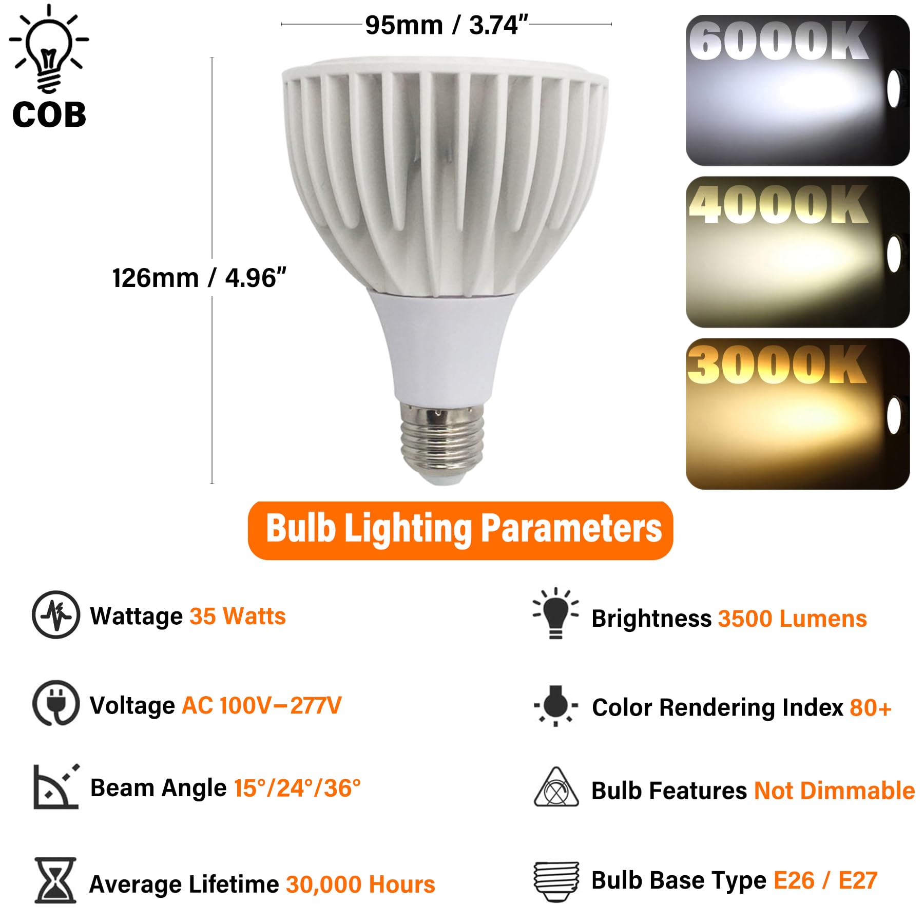 PAR30 Spotlight-LED-Glühbirne, 35 Watt COB (entspricht 300 Watt), 3500 Lumen Flutlichtbirnen, Nicht dimmbar, AC 100 V–277 V, E26/E27-Sockel (8 Stück)