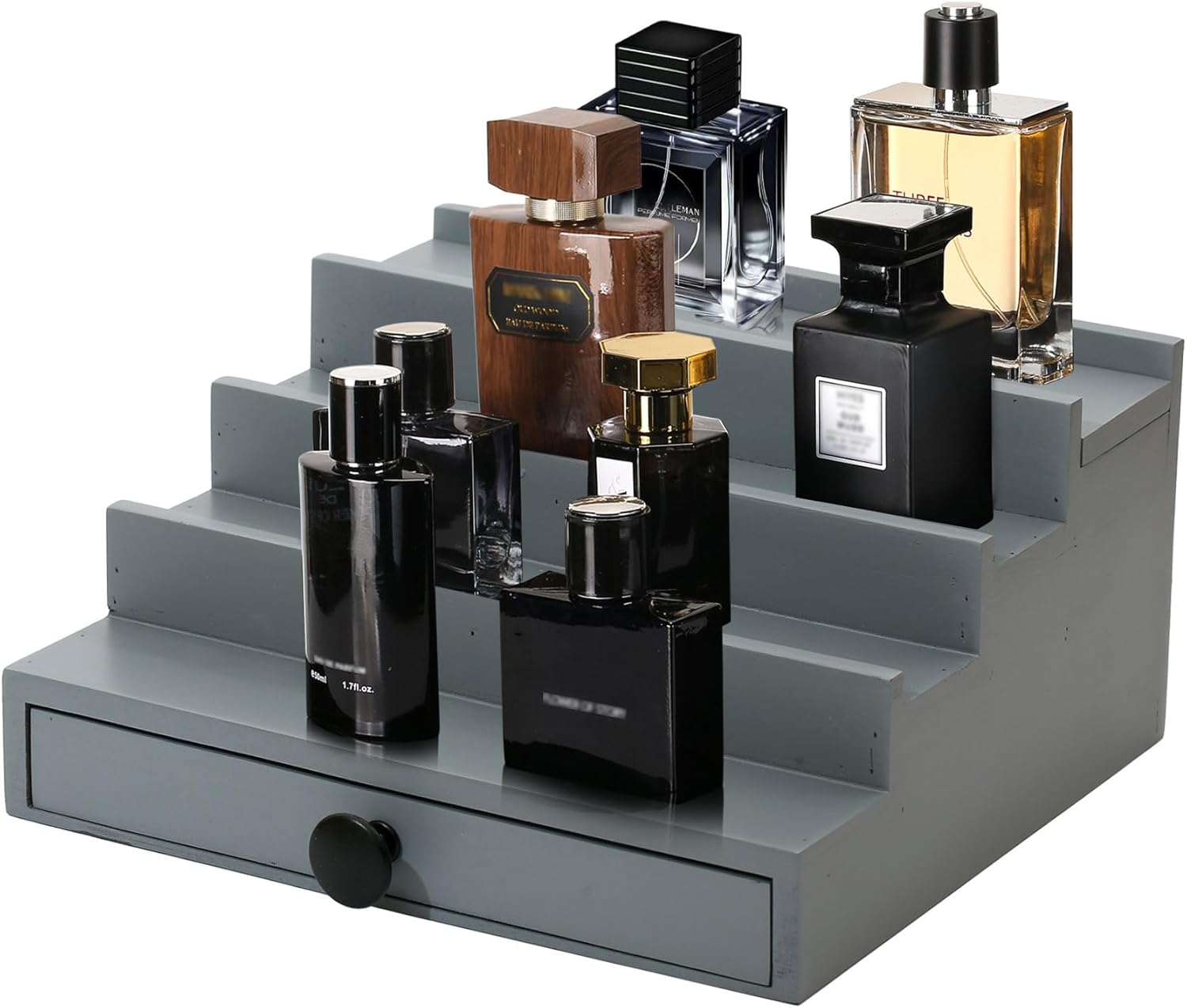 Cologne Organizer for Men – 4 Tier Wooden Grey Cologne Display Stand with Drawer and Hidden Compartment, Mens Cologne Perfume Holder Shelf for Organizing and Storing