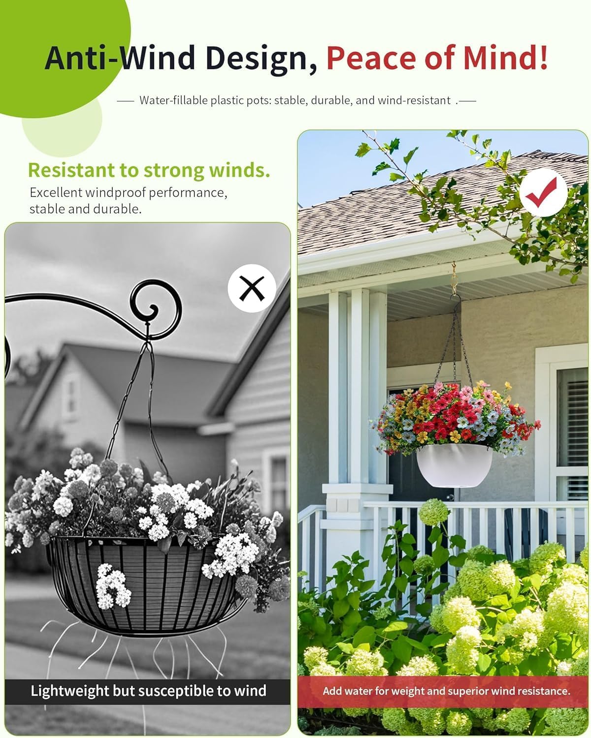 Artificial Hanging Flowers Basket for Outdoors, 30 Pack UV-Resistant Fake Colorful Silk Daisy Flowers (2 White Planters+30 Flowers(Green/Teal/Purple/Blue/Champagne))