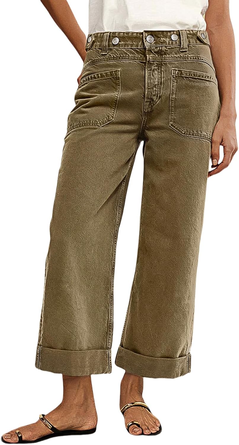 Flamingals Roll Hem Women Mid Waist Comfort Stretch Wide Leg Crop Pants Casual Button Detail Pocket