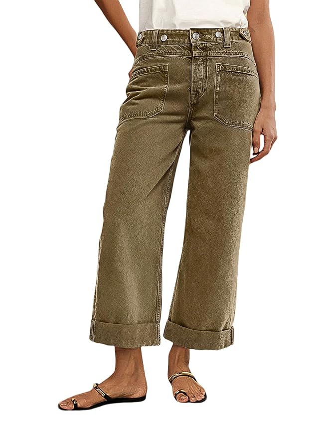 Flamingals Roll Hem Women Mid Waist Comfort Stretch Wide Leg Crop Pants Casual Button Detail Pocket