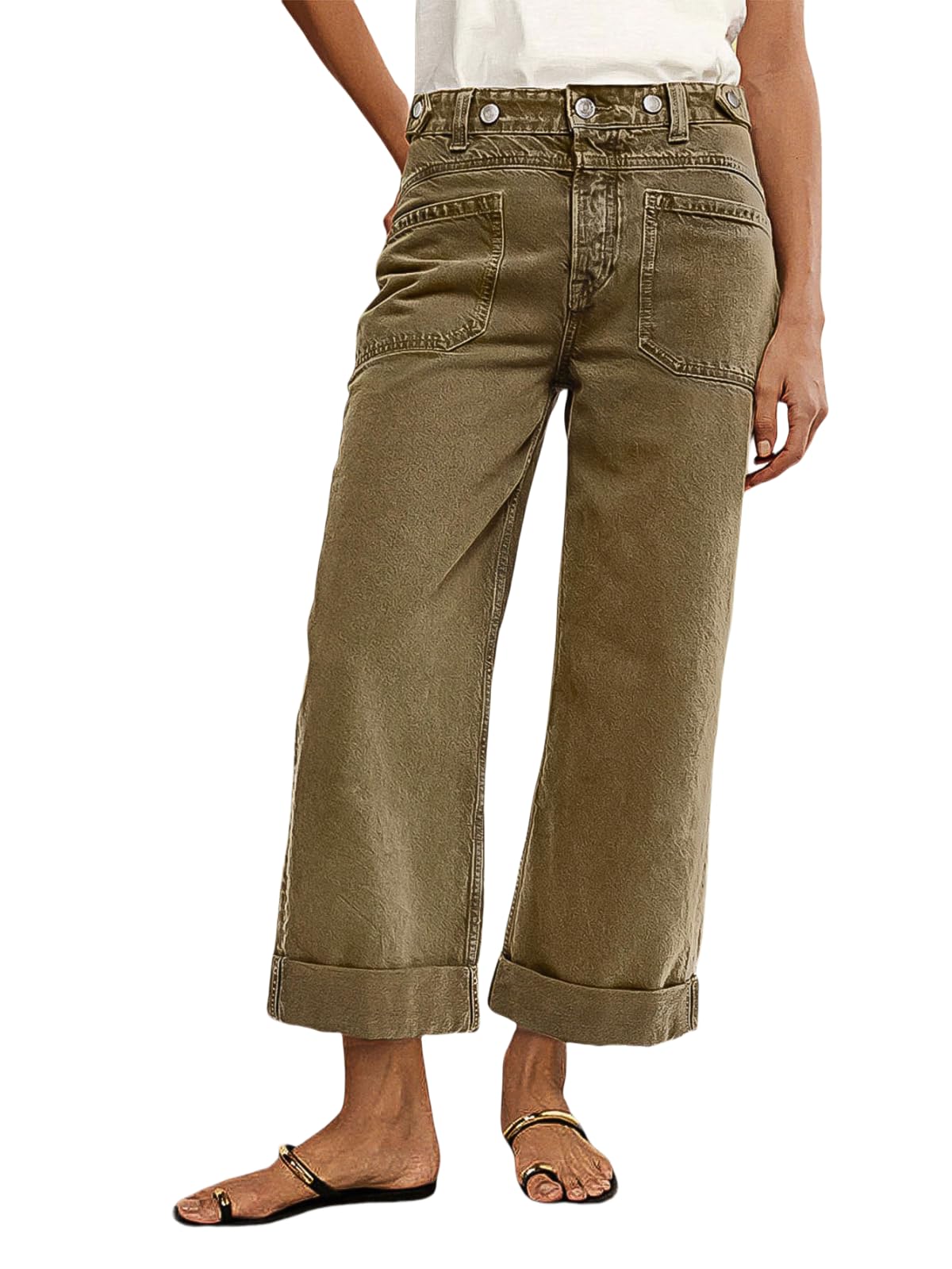 Flamingals Roll Hem Women Mid Waist Comfort Stretch Wide Leg Crop Pants Casual Button Detail Pocket