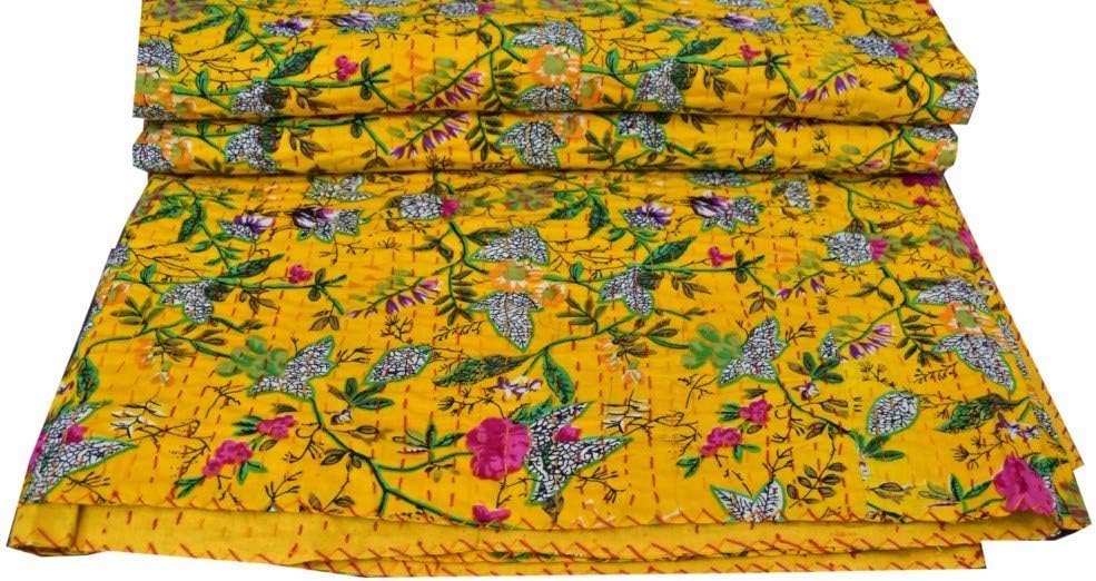 The Harry Creations 100% Cotton Indian Quilt Bed Cover Cover Bed Kantha Art Crafted Paradise Print Handmade Blanket Bedding Bedspread Bohemian Ethnic Quilt (Yellow, King 90" x 108")