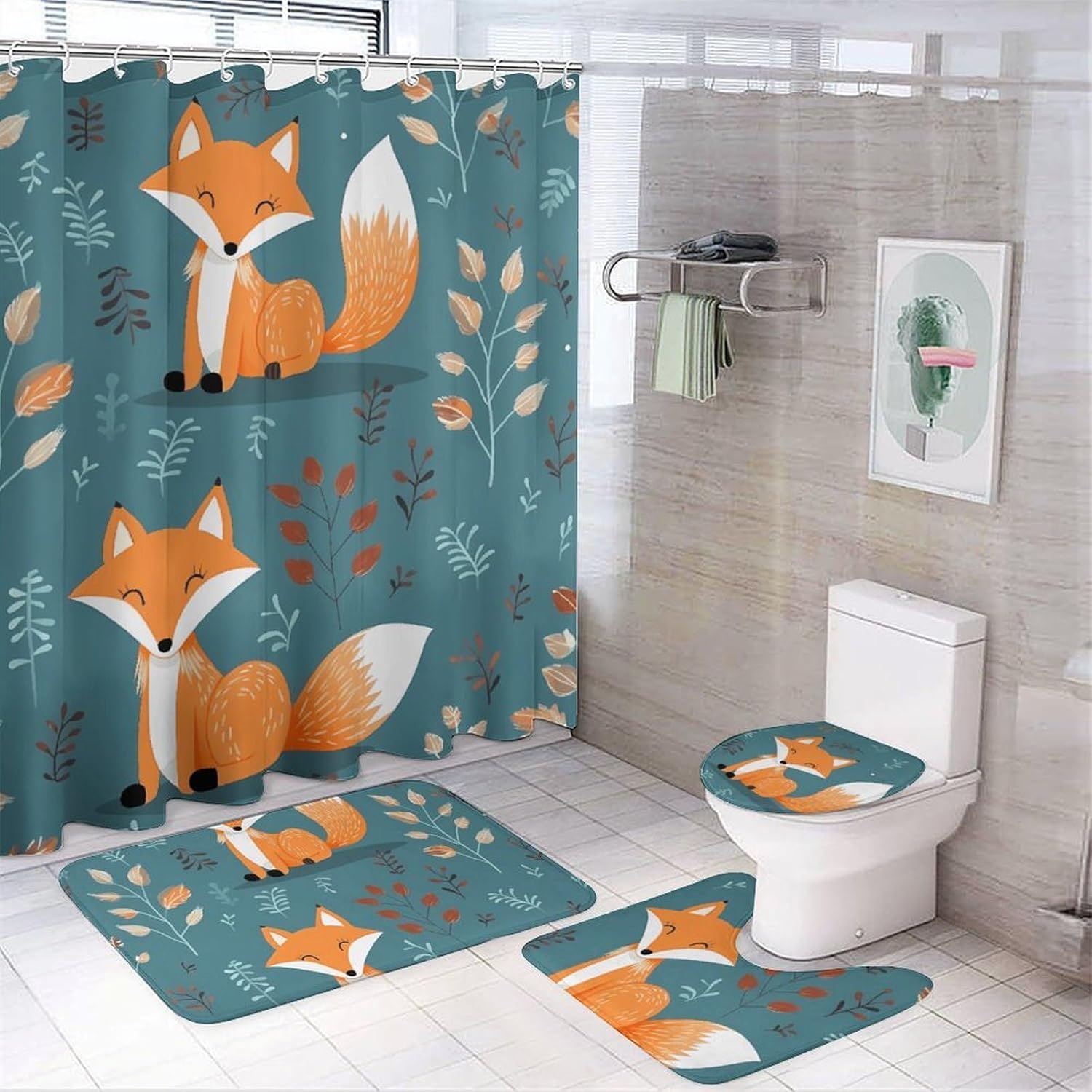 Cartoon Fox Pattern Shower Curtain Set 4 Piece, Non-Slip Bath Mat with Toilet Lid Cover and Waterproof Shower Curtain with 12 Hooks, Complete Bathroom Set for Home Decor