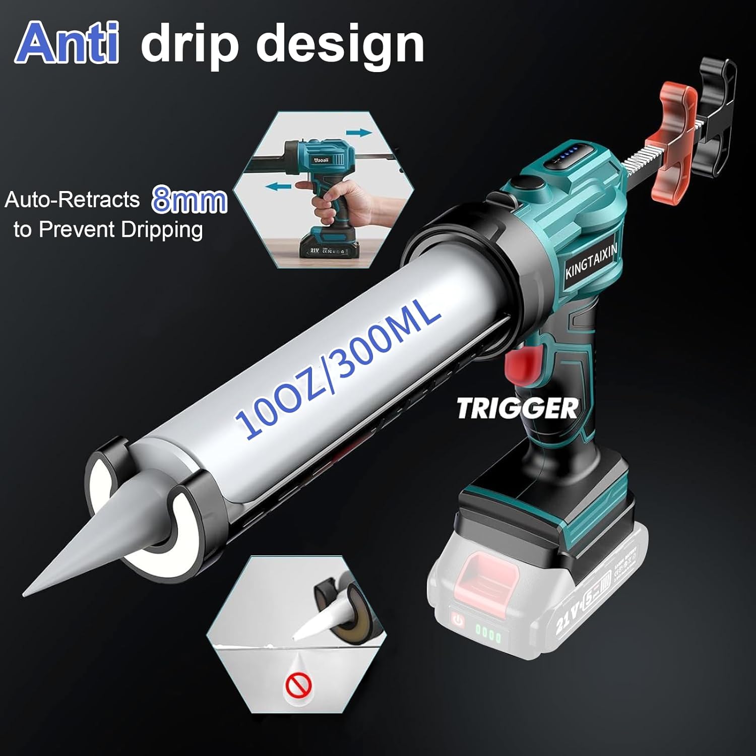 Electric Caulking Gun Compatible with Makita Battery, Cordless Caulk Gun with LED Light, 4 Adjustable Speeds, 10OZ/300ML Caulk Gun for Filling, Sealing (Battery Not Included)