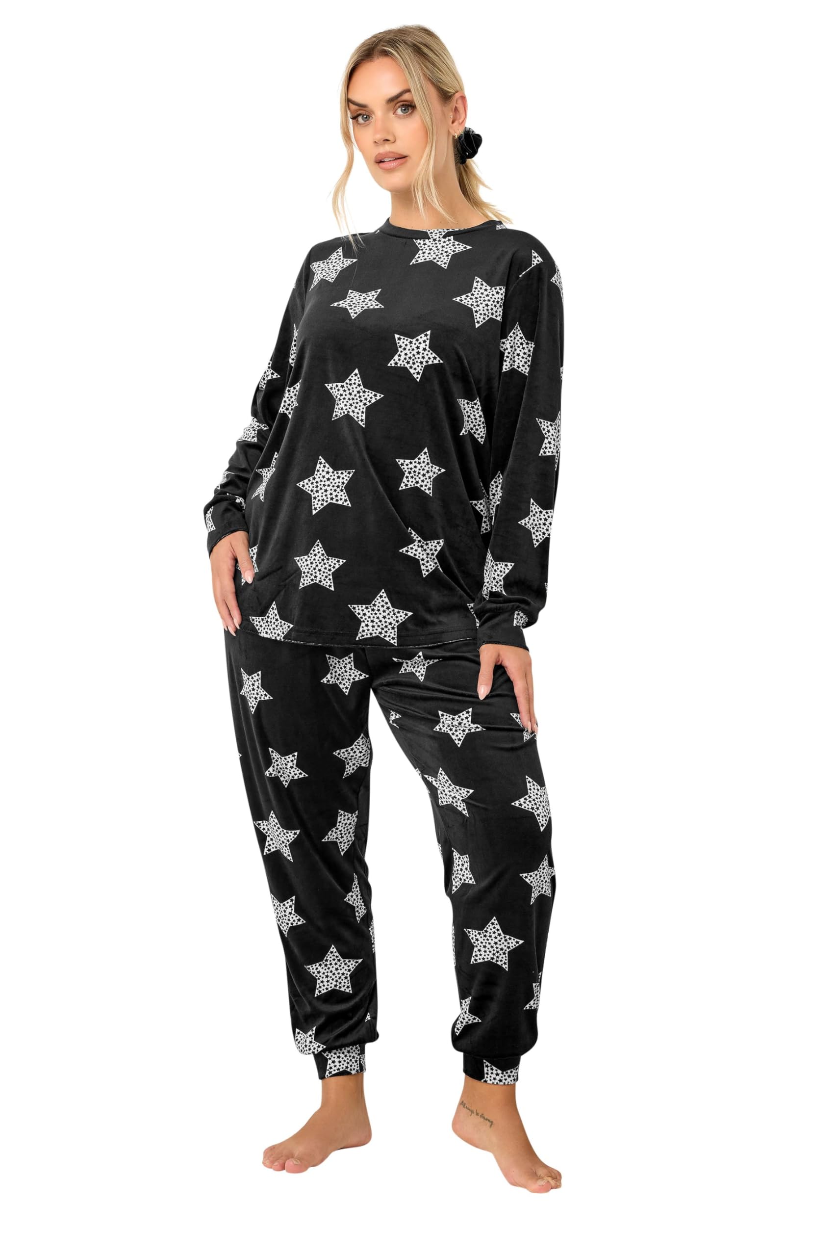 Yours Women's Black Curve Set Star Print Fleece Pyjama & Scrunchie - Plus Size Curve