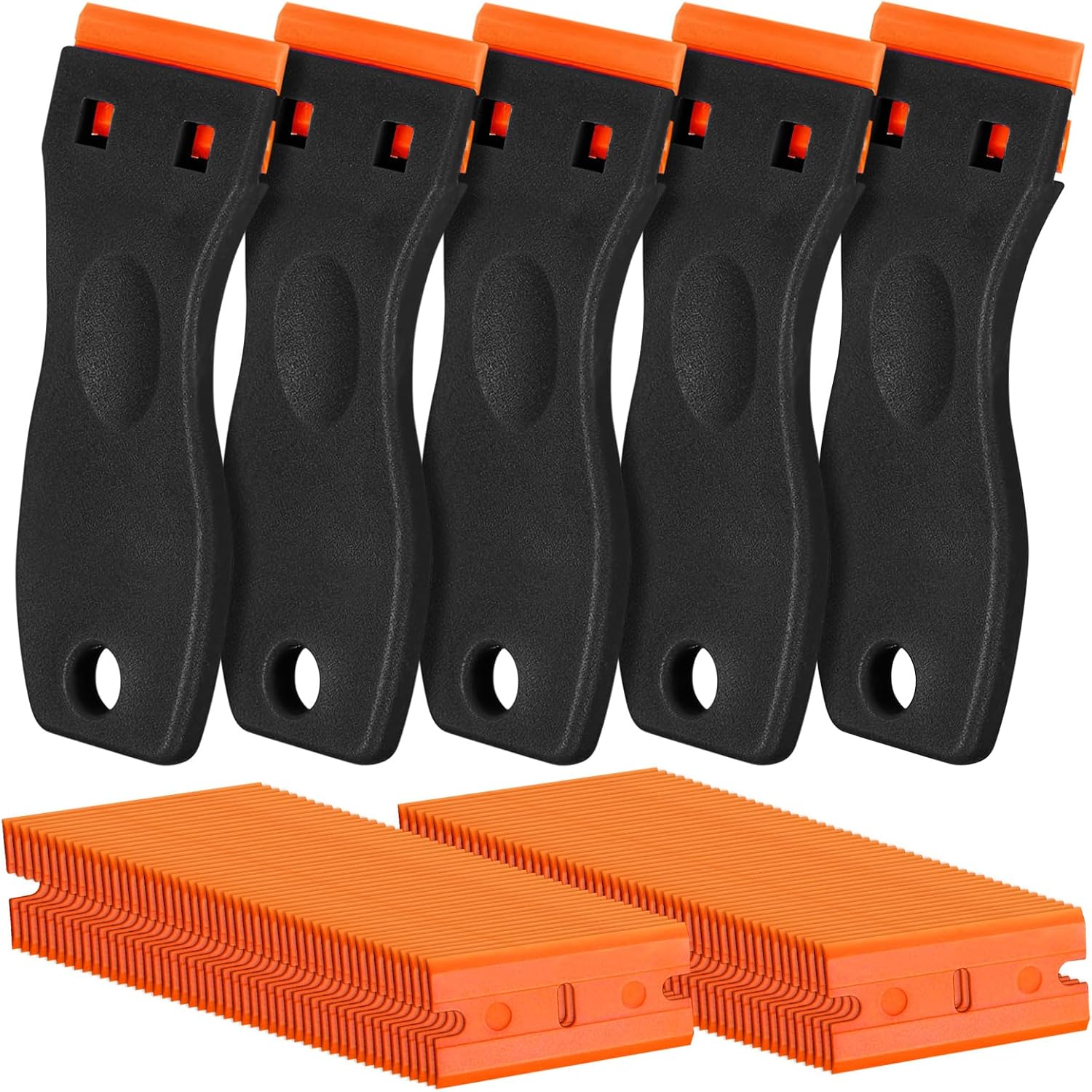 Upgrade 5 Pack Plastic Razor Blade Scraper and 200 Pcs Blades, Remove Label Decal Tool,Forwithout Scratches, Adhesive Remover for Stickers, Gaskets and Paints on Window Car Glass (black)
