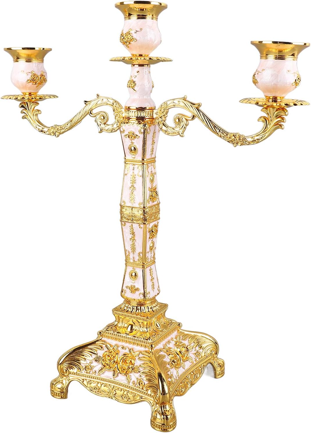 Vintage Metal Arms Candelabra Exquisite Candle Holder for Romantic Dinners, Weddings, Churches, Halloween Parties, Zinc Alloy Decoration for Home (Gold and White Three Heads)