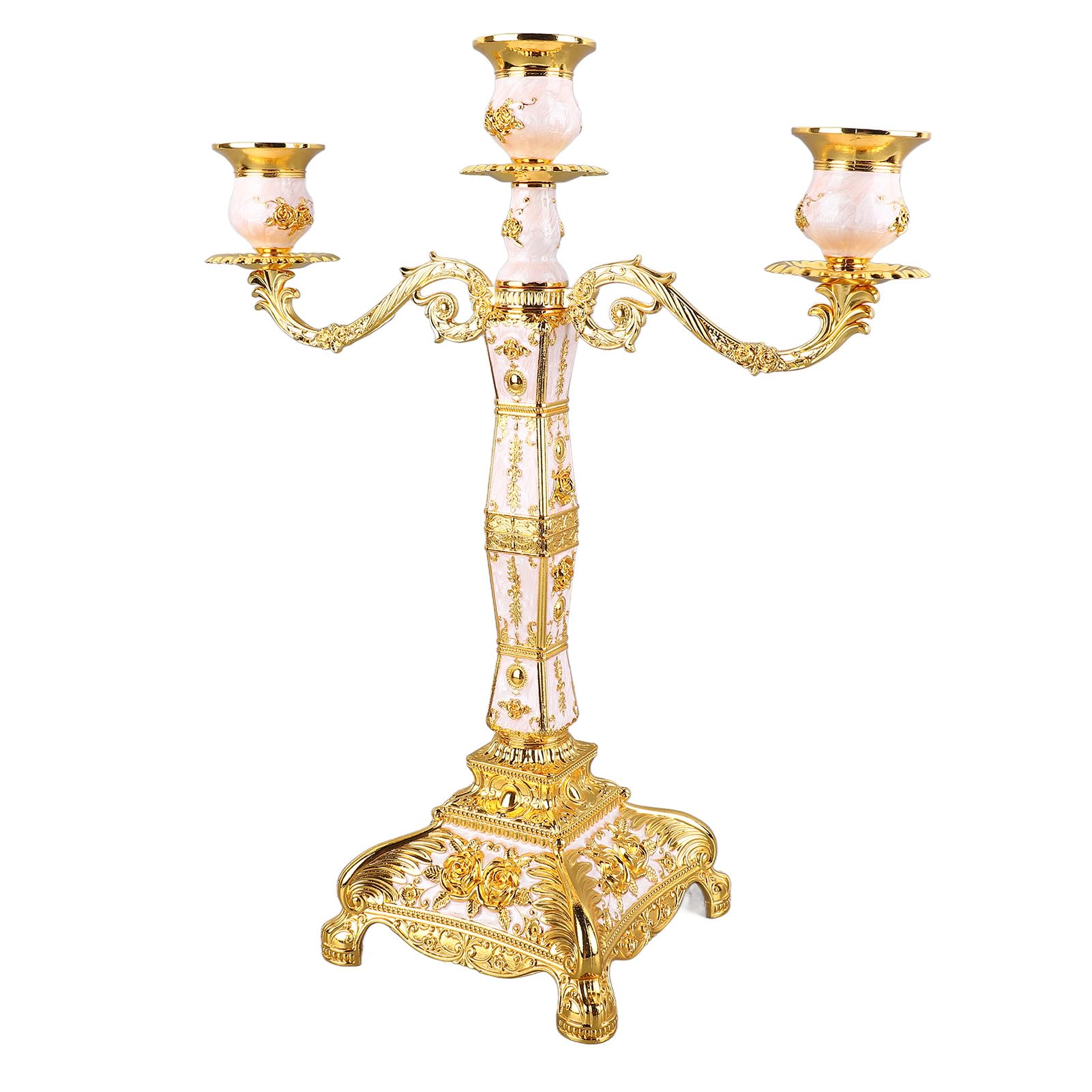 Metallkandelaber im europäischen Stil, Kerzenhalter mit Metallarmen, romantischer, eleganter Kerzenhalter für Hochzeit, Esstisch, Party, Heimdekoration (DREI Köpfe in Gold und Weiß)