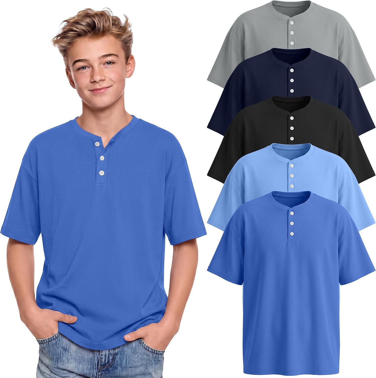 5 Pack Boys Shirts Kids Oversized Short Sleeve Henley Tops Casual Summer Basic Loose Tees with Buttons 5-14 Years