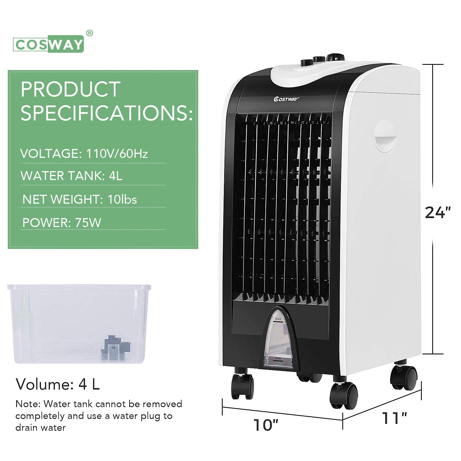 COSTWAY Evaporative Cooler, Portable Cooling Fan with Fan and