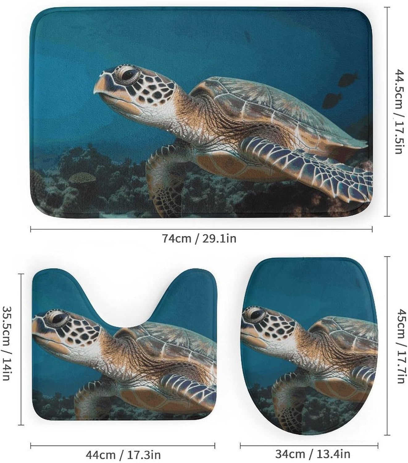 Sea Turtle Shower Curtain Set 4 Piece, Non-Slip Bath Mat with Toilet Lid Cover and Waterproof Shower Curtain with 12 Hooks, Complete Bathroom Set for Home Decor