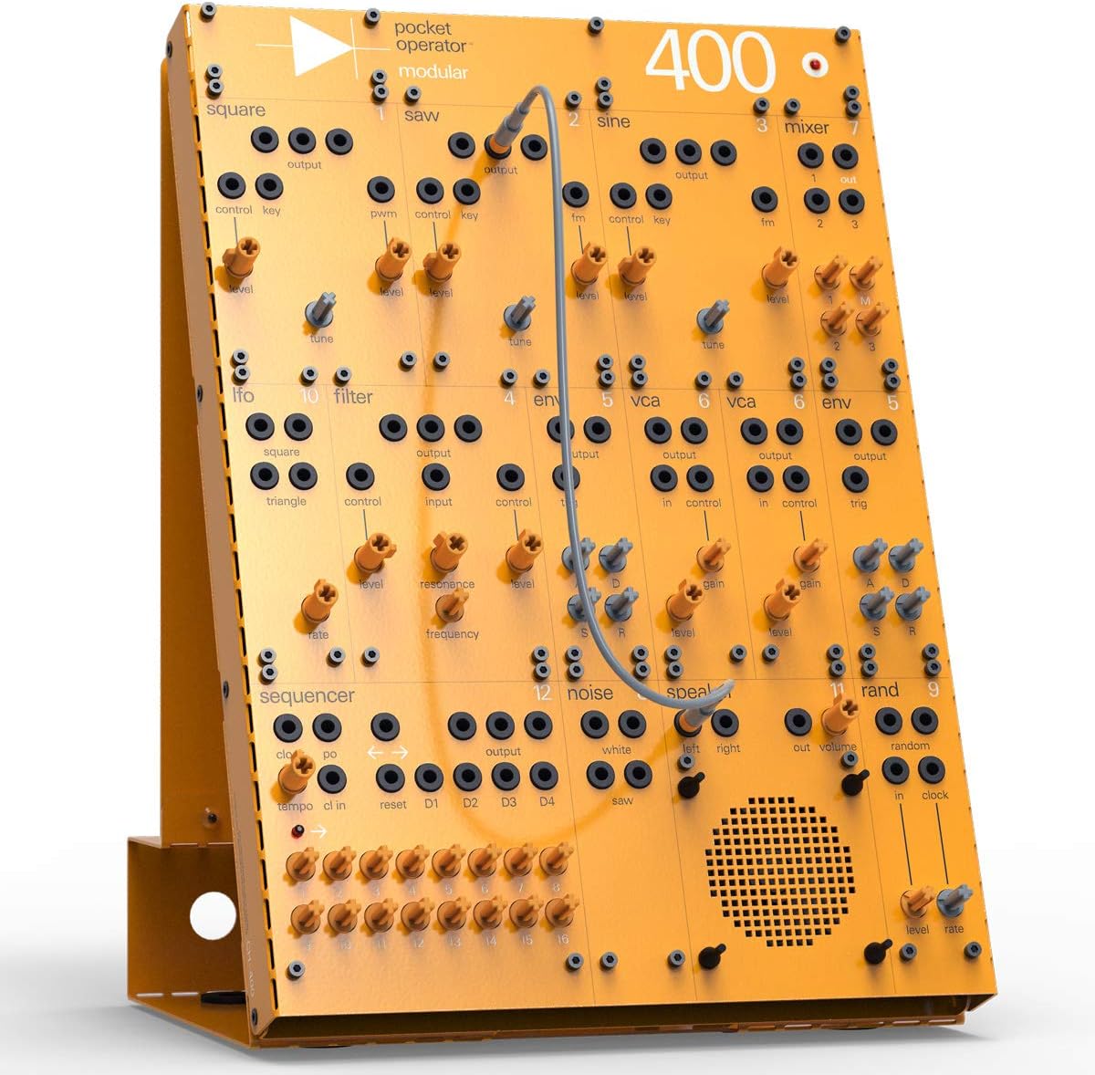 अगाडि view of the Teenage Engineering PO modular400 synthesizer kit, fully assembled and showing all modules and patch points.