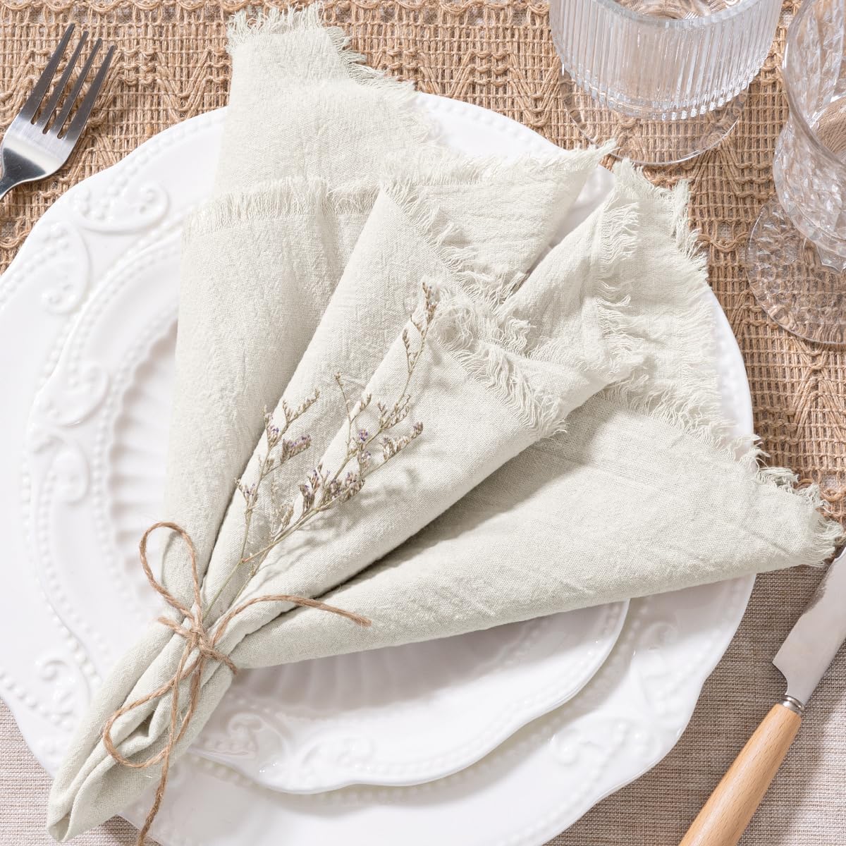 6 Tovaglioli Di Stoffa In Lino E Cotone Beige 43x43 Cm Con Frange – Fatti A Mano Per Matrimoni E Natale